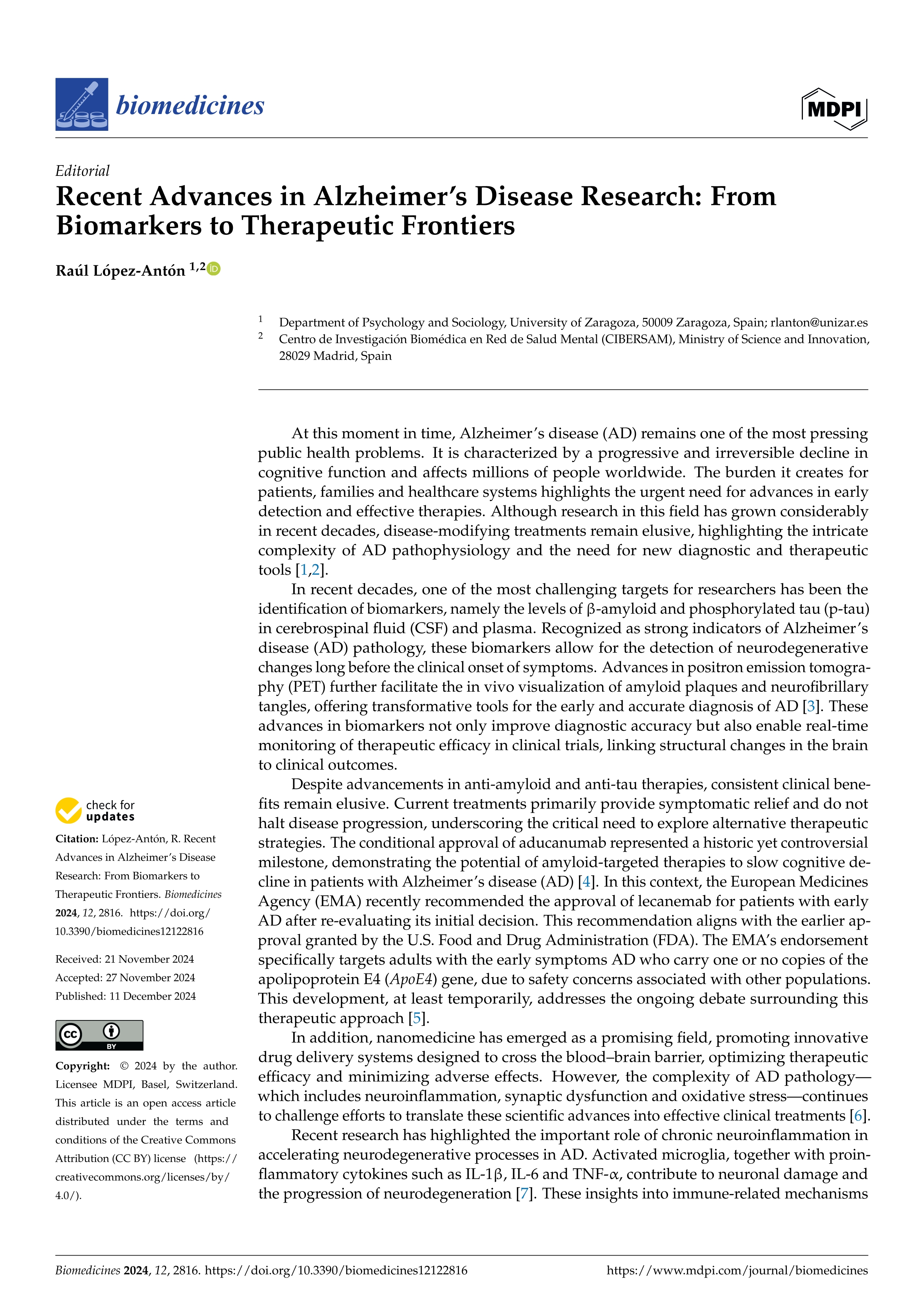 Recent Advances in Alzheimer’s Disease Research: From Biomarkers to Therapeutic Frontiers