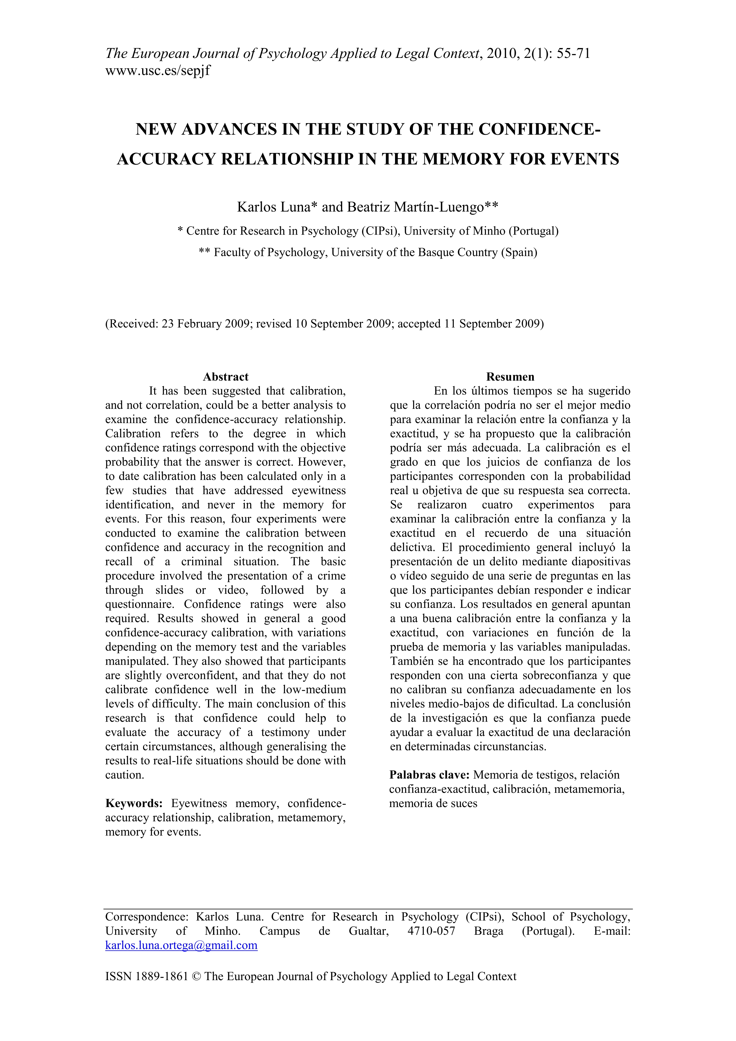 New advances in the study of the confidence-accuracy relationship in the memory for events