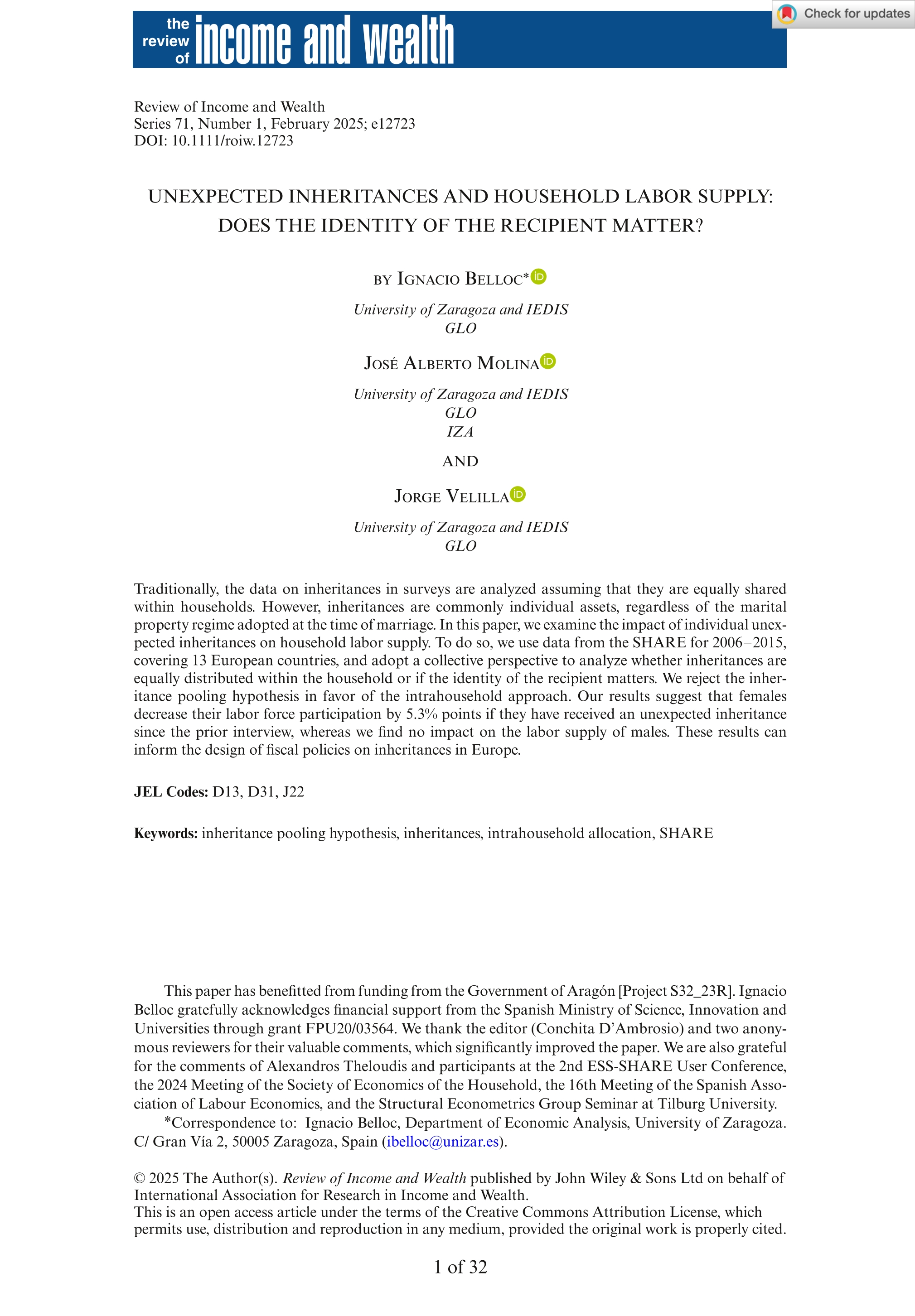 Unexpected inheritances and household labor supply: Does the identity of the recipient matter?