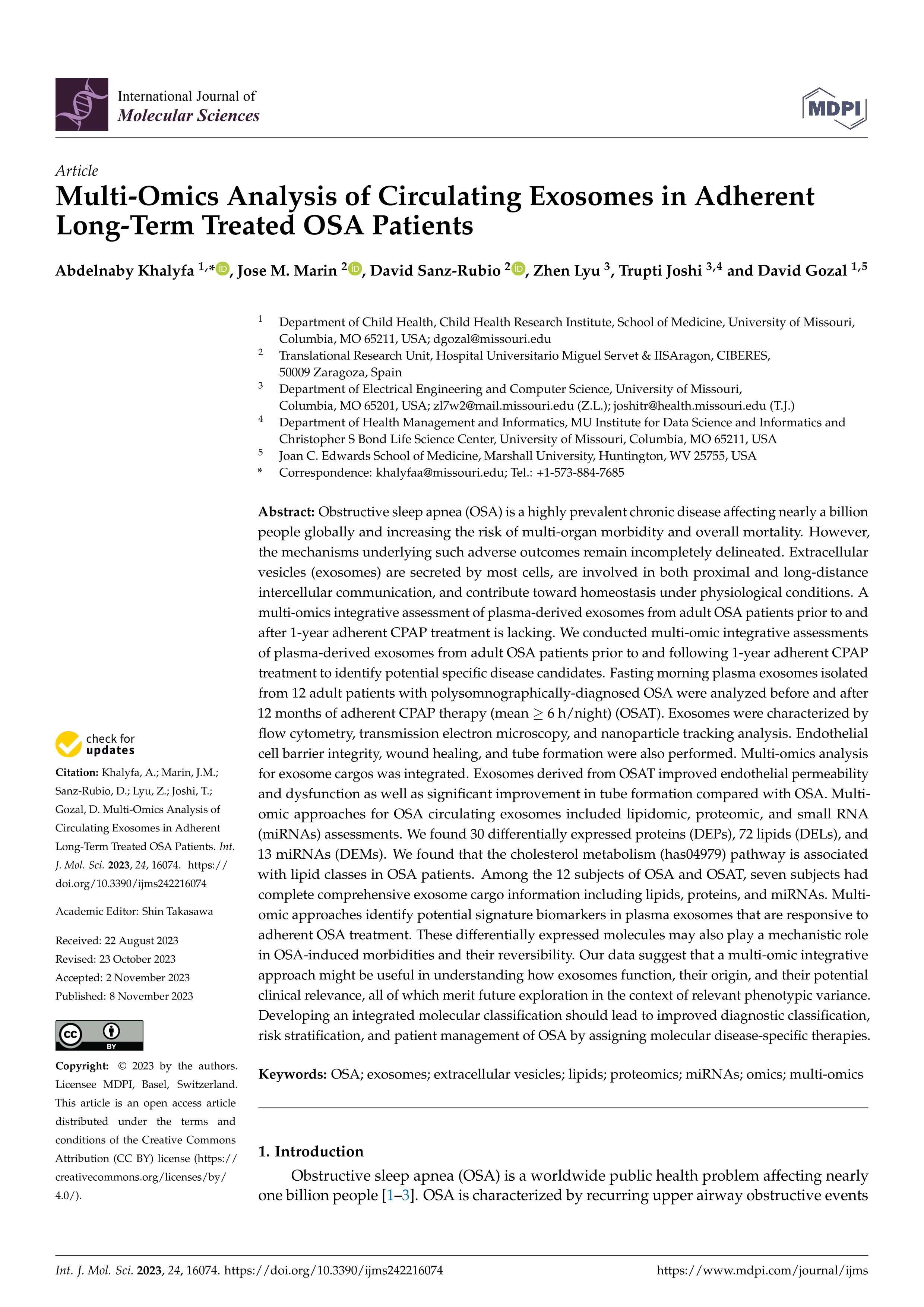 Multi-Omics Analysis of Circulating Exosomes in Adherent Long-Term Treated OSA Patients