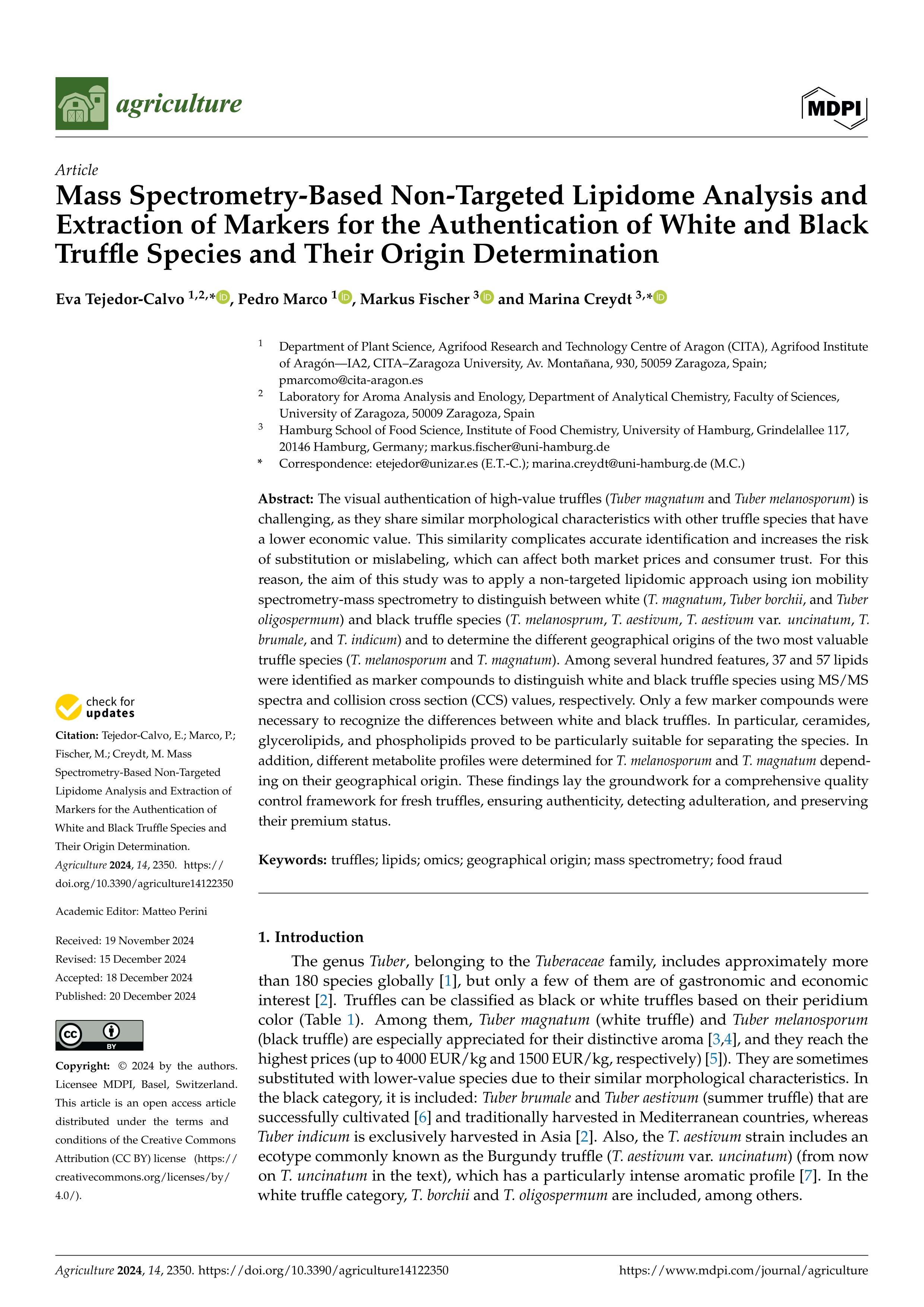 Mass Spectrometry-Based Non-Targeted Lipidome Analysis and Extraction of Markers for the Authentication of White and Black Truffle Species and Their Origin Determination