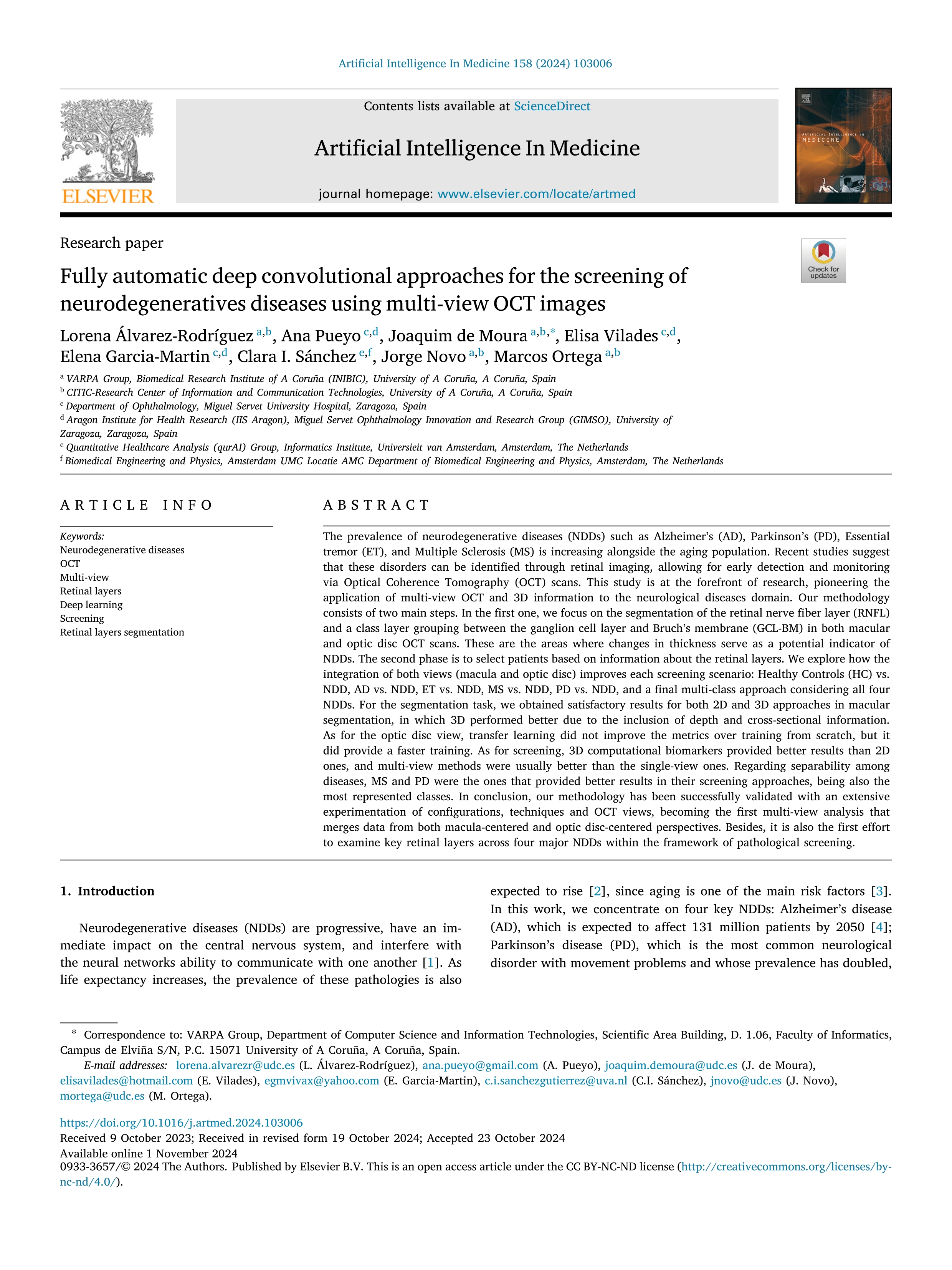 Fully automatic deep convolutional approaches for the screening of neurodegeneratives diseases using multi-view OCT images