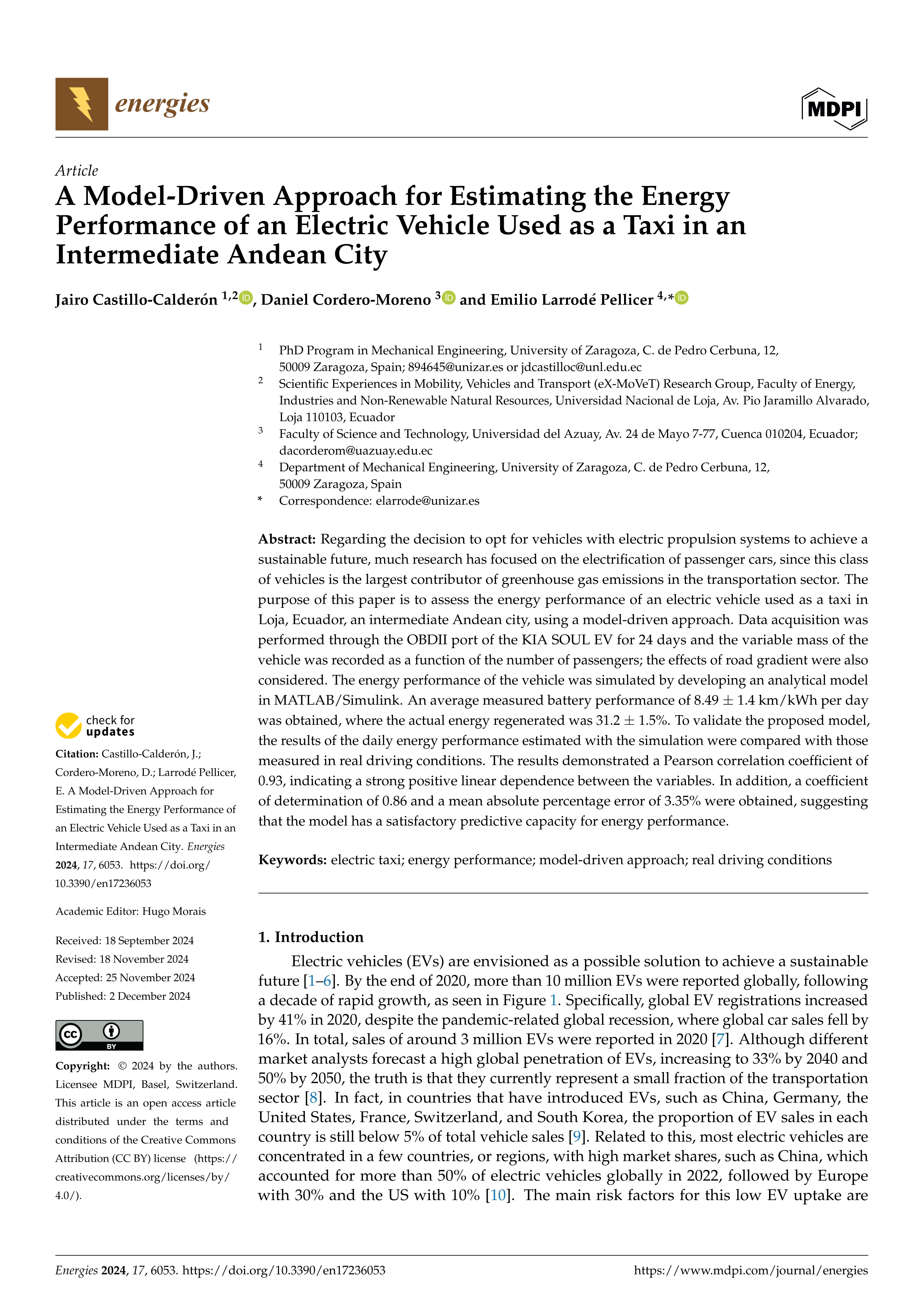 A Model-Driven Approach for Estimating the Energy Performance of an Electric Vehicle Used as a Taxi in an Intermediate Andean City