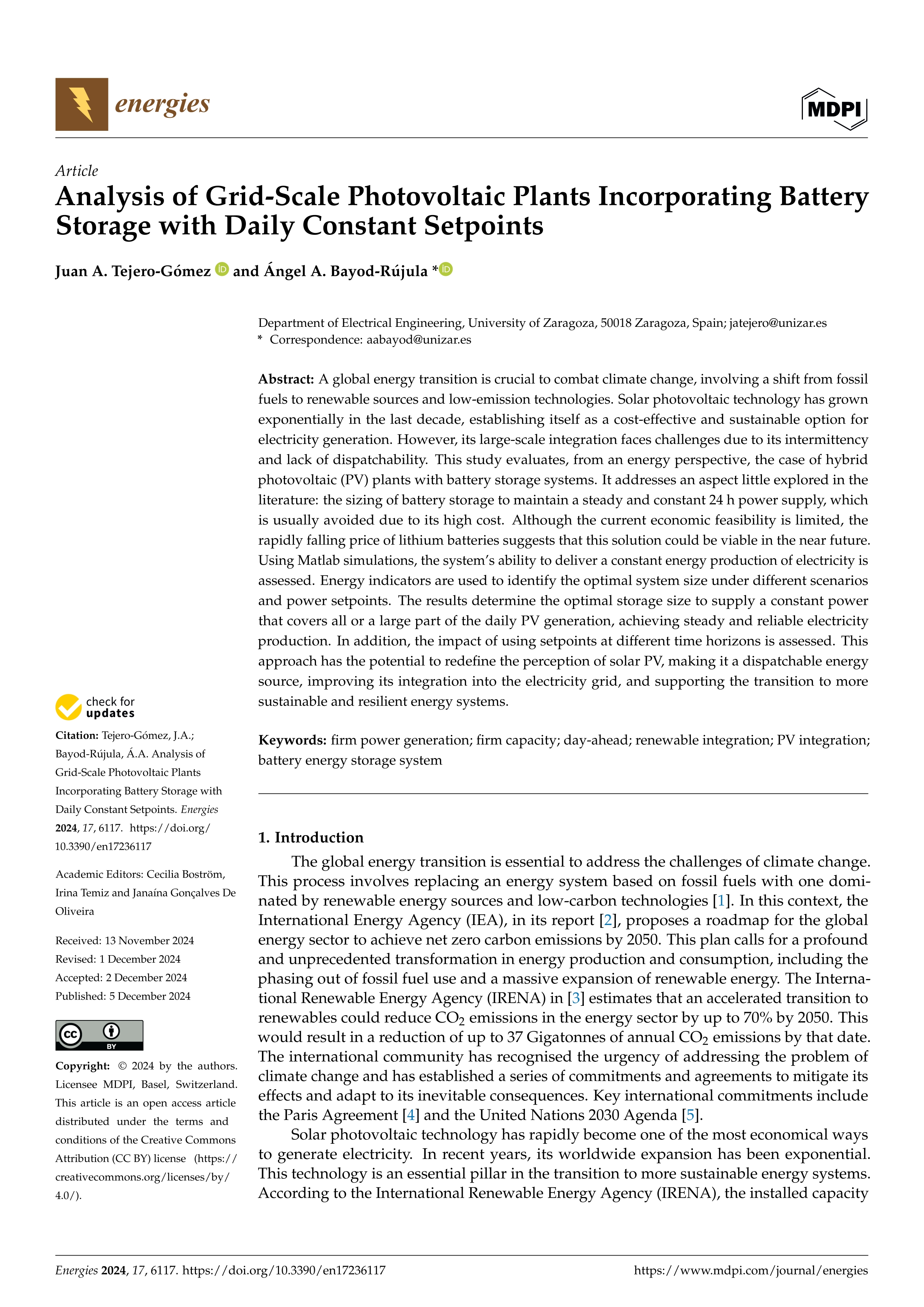 Analysis of Grid-Scale Photovoltaic Plants Incorporating Battery Storage with Daily Constant Setpoints