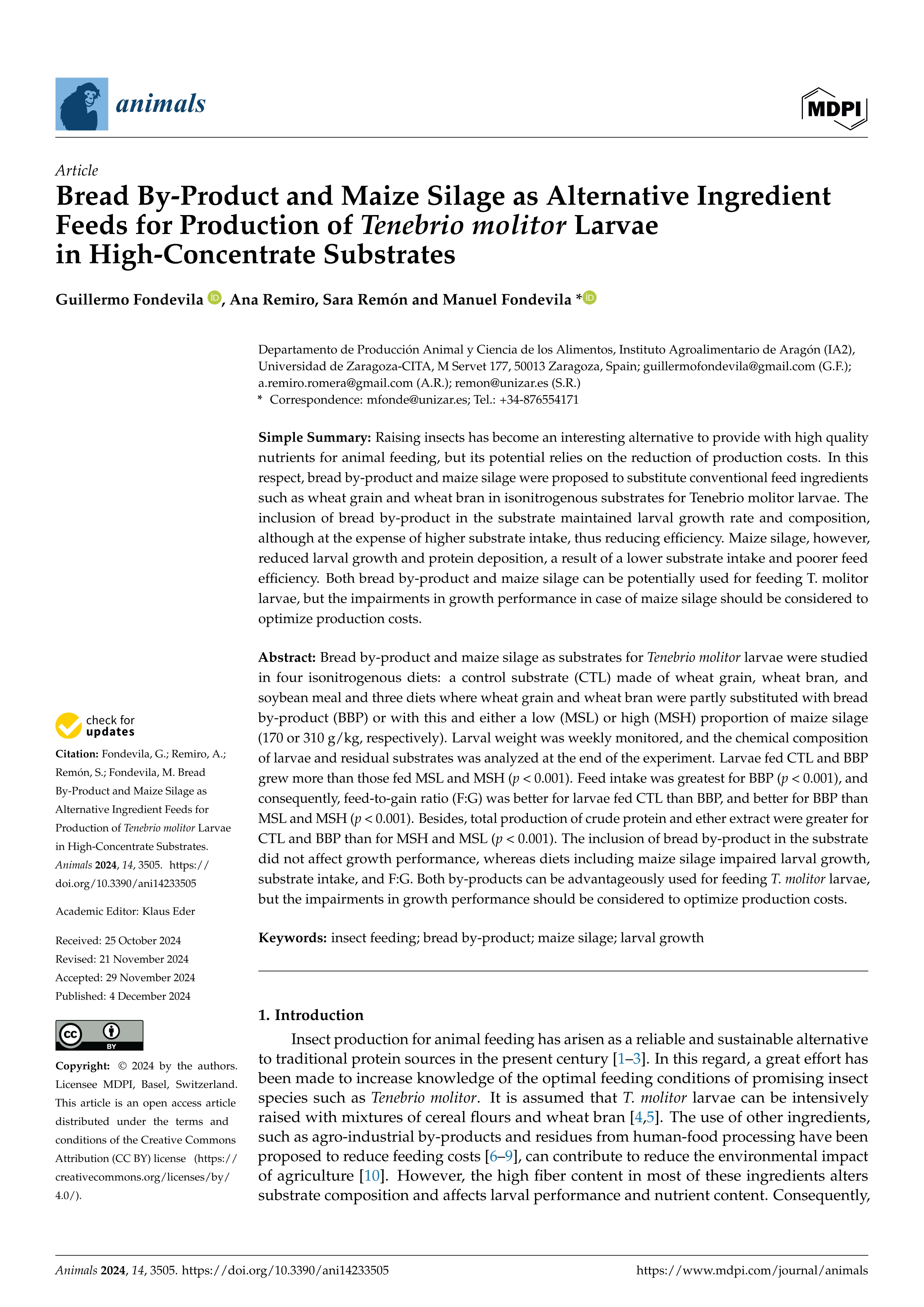 Bread By-Product and Maize Silage as Alternative Ingredient Feeds for Production of Tenebrio molitor Larvae in High-Concentrate Substrates