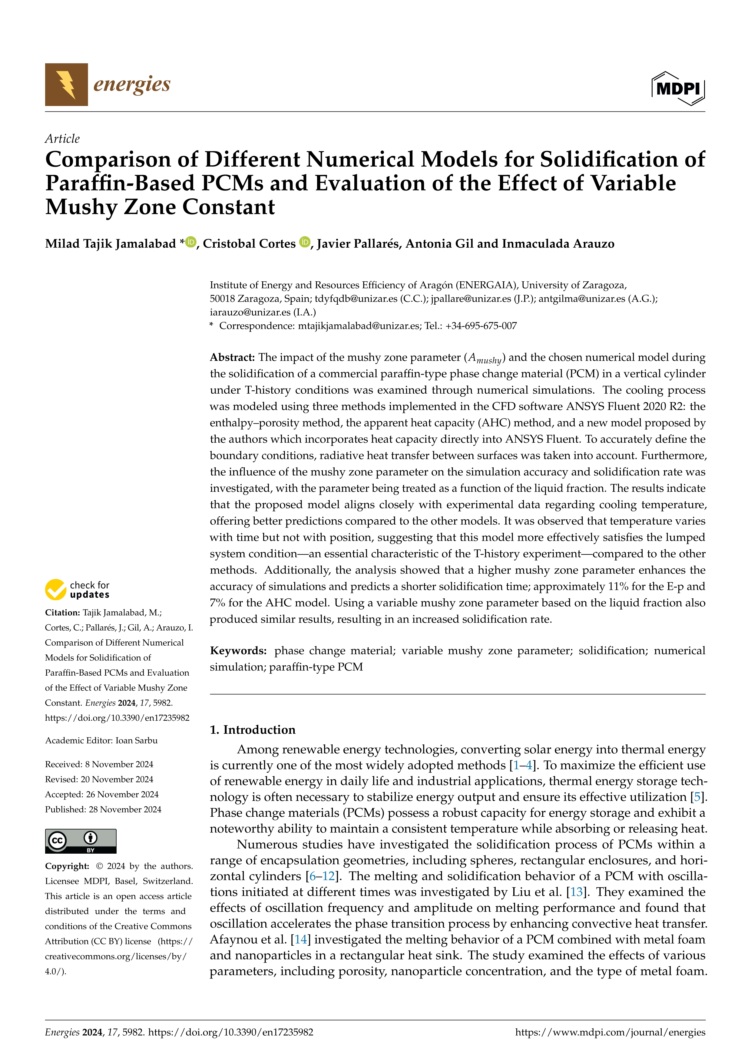 Comparison of Different Numerical Models for Solidification of Paraffin-Based PCMs and Evaluation of the Effect of Variable Mushy Zone Constant