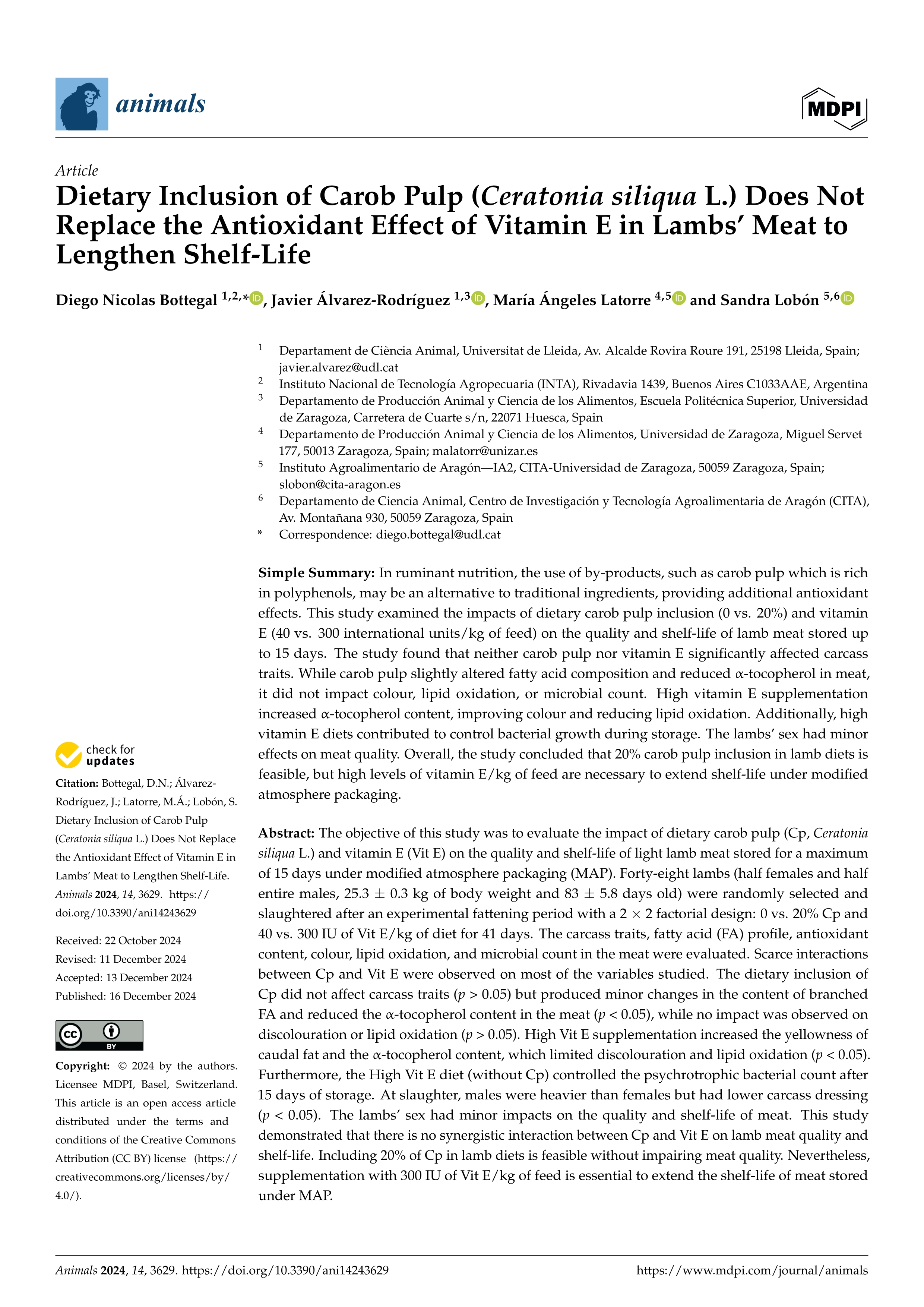 Dietary Inclusion of Carob Pulp (Ceratonia siliqua L.) Does Not Replace the Antioxidant Effect of Vitamin E in Lambs’ Meat to Lengthen Shelf-Life