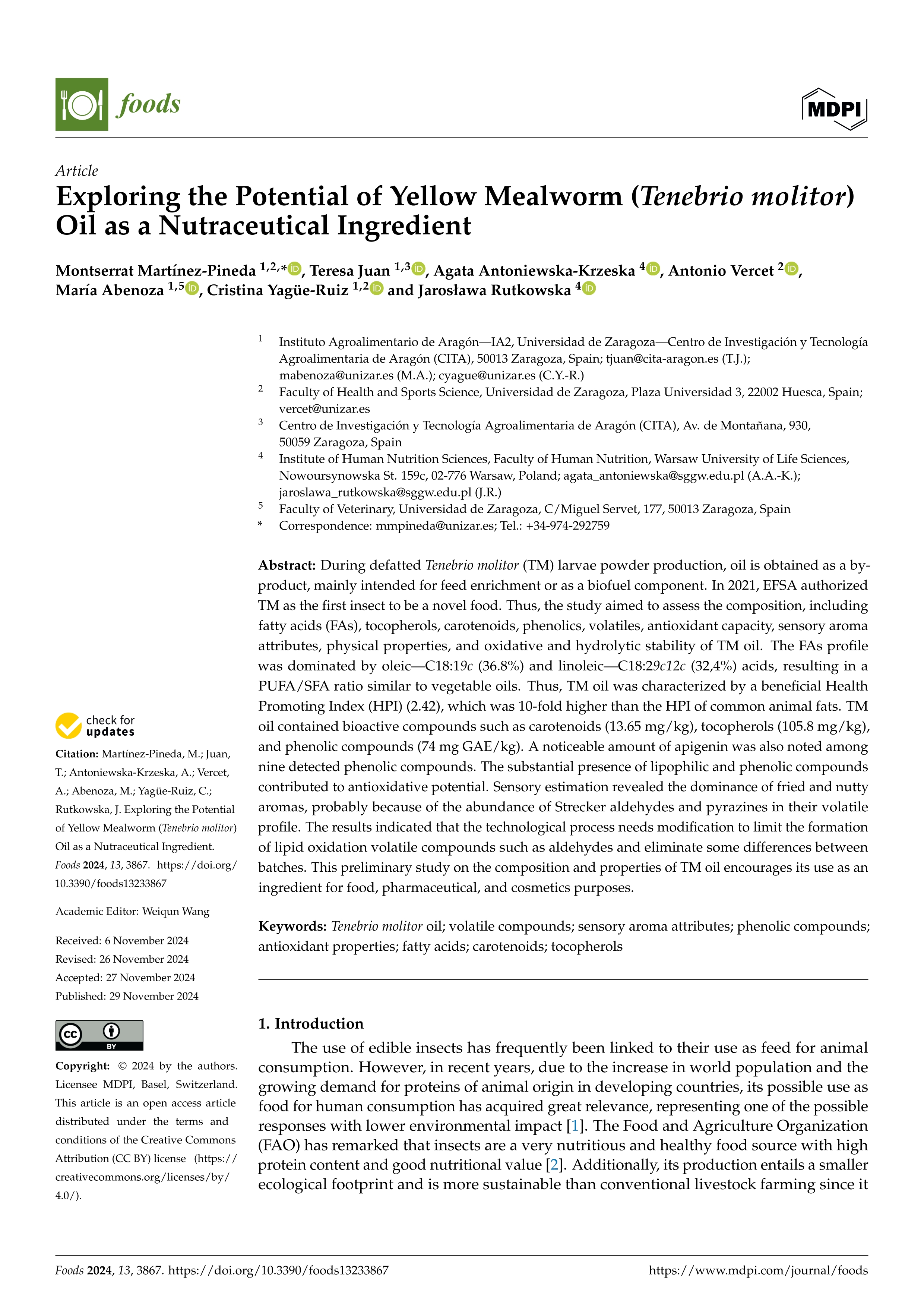 Exploring the Potential of Yellow Mealworm (Tenebrio molitor) Oil as a Nutraceutical Ingredient