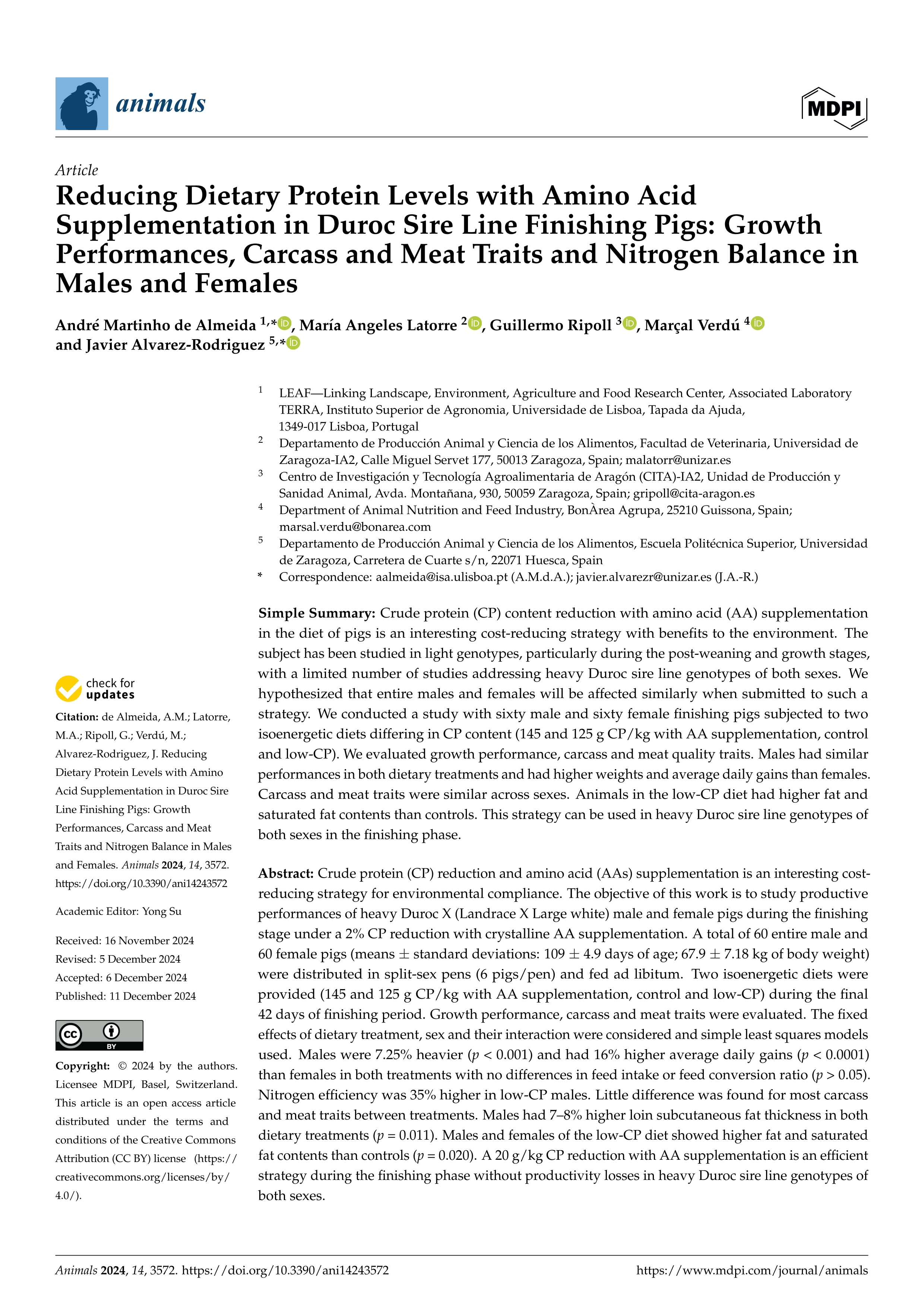 Reducing Dietary Protein Levels with Amino Acid Supplementation in Duroc Sire Line Finishing Pigs: Growth Performances, Carcass and Meat Traits and Nitrogen Balance in Males and Females