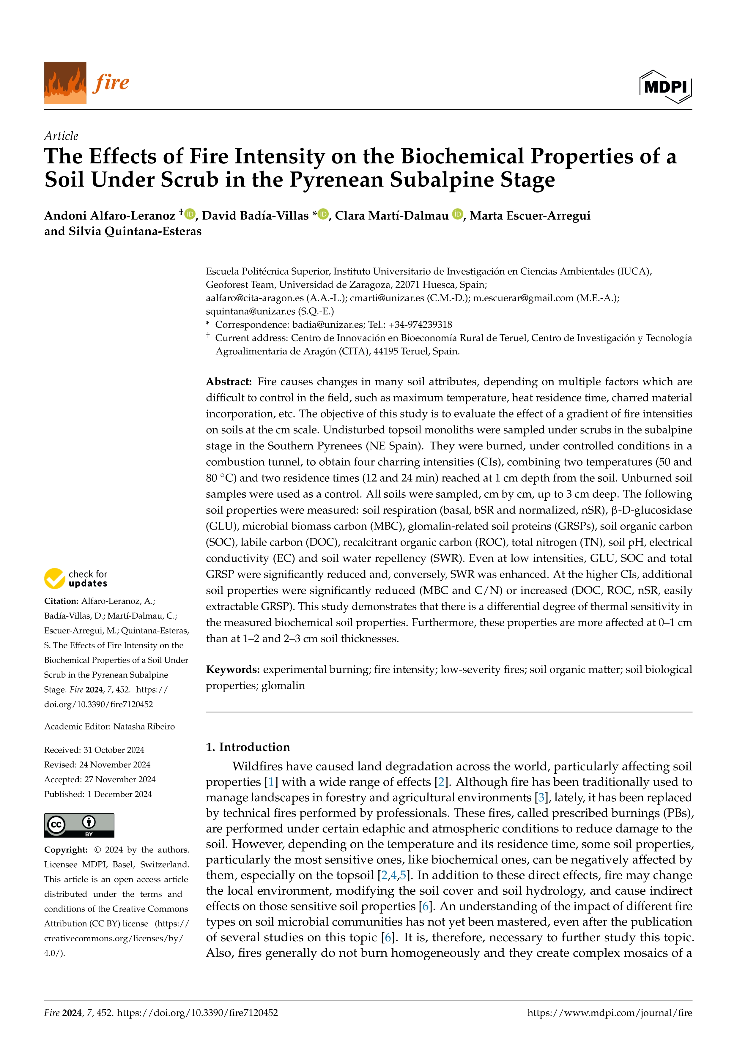 The Effects of Fire Intensity on the Biochemical Properties of a Soil Under Scrub in the Pyrenean Subalpine Stage