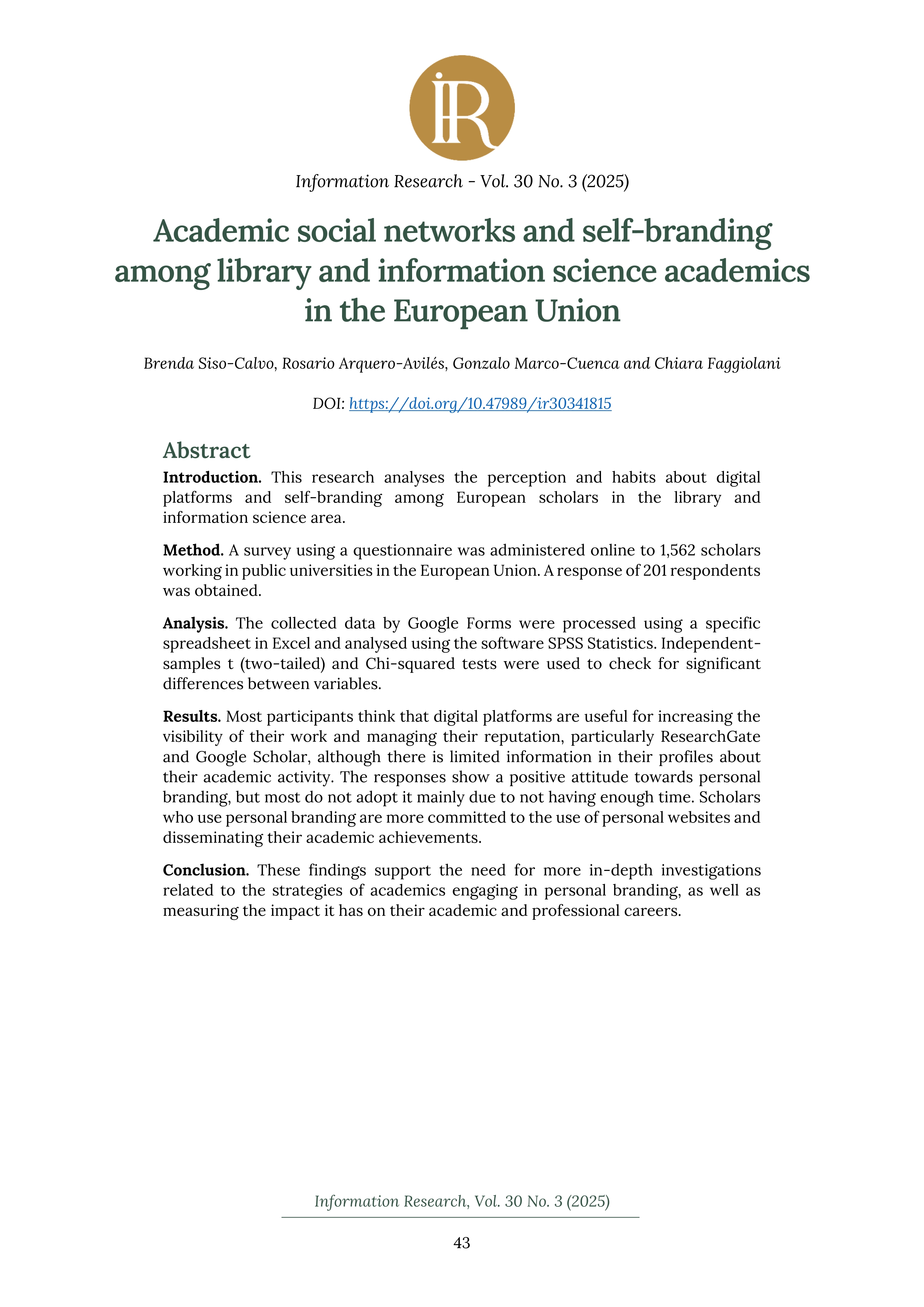 Academic social networks and self-branding among library and information science academics in the European Union