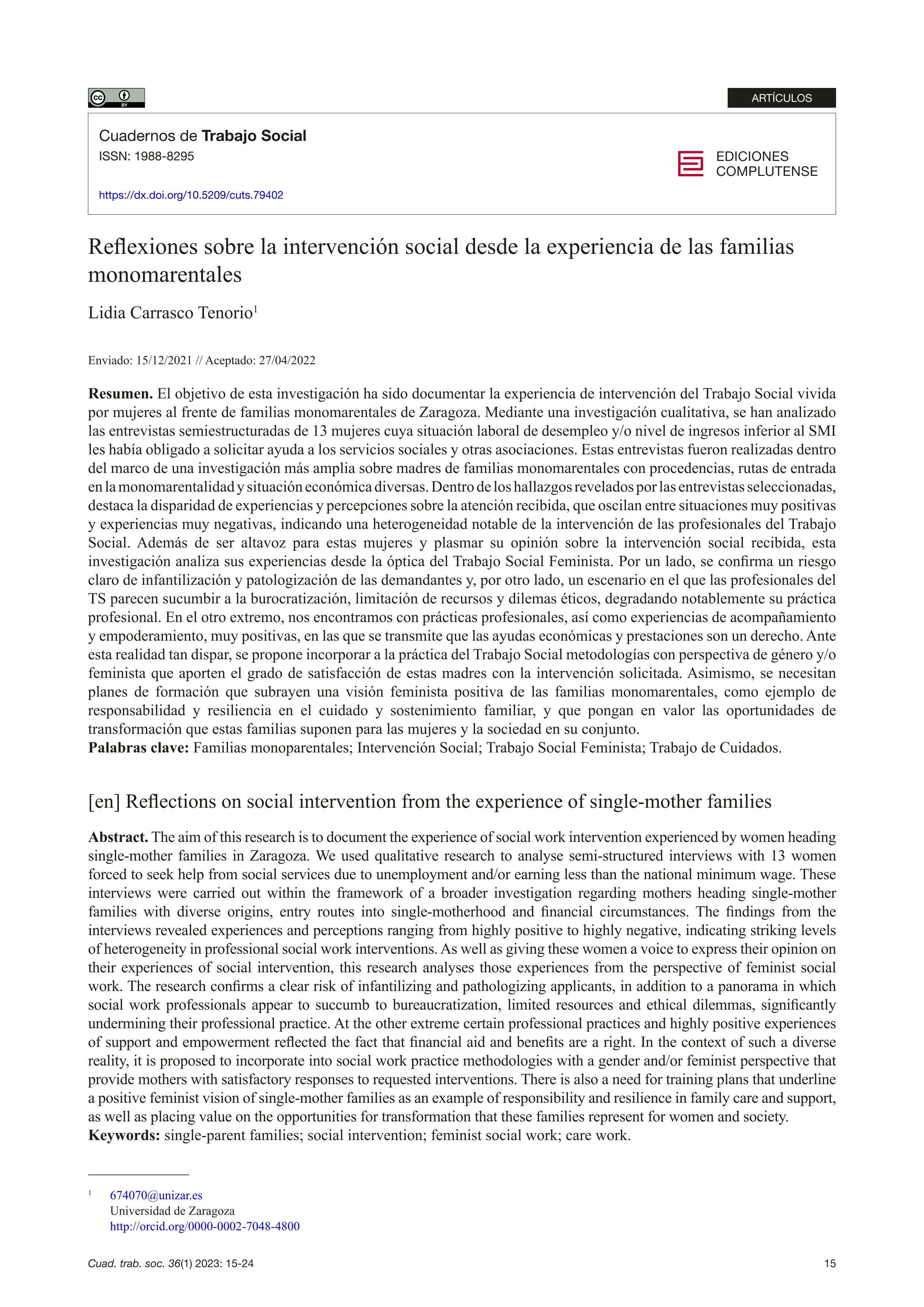 Reflexiones sobre la intervención social desde la experiencia de las familias monomarentales