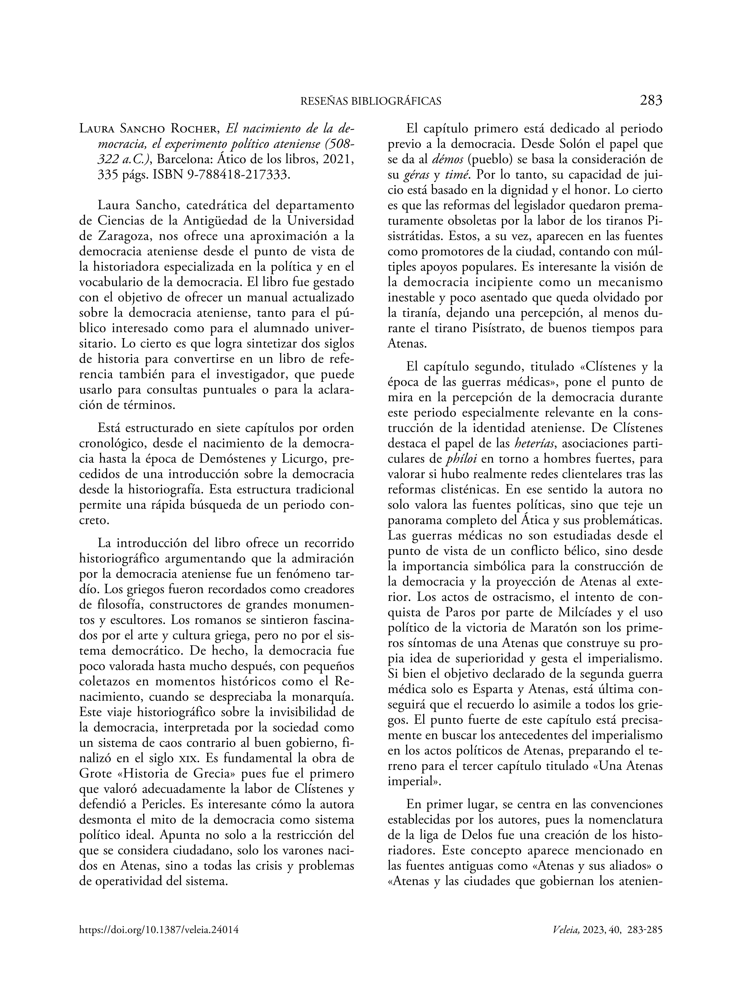 Laura Sancho Rocher, El nacimiento de la democracia, el experimento político ateniense (508-322 a.C.)