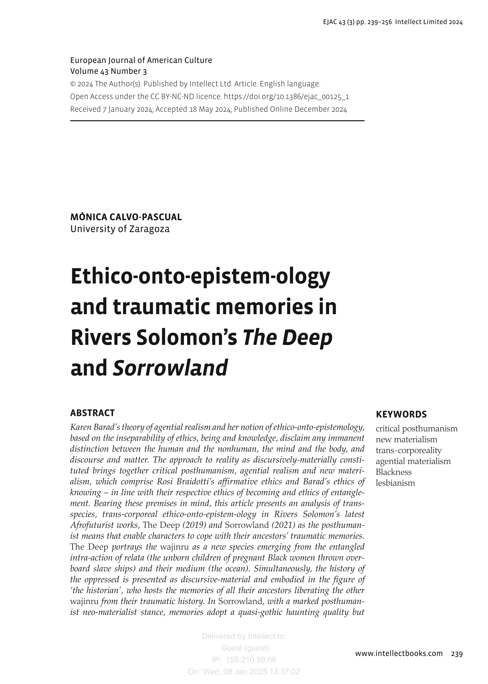 Ethico-onto-epistem-ology and traumatic memories in Rivers Solomon’s The Deep and Sorrowland