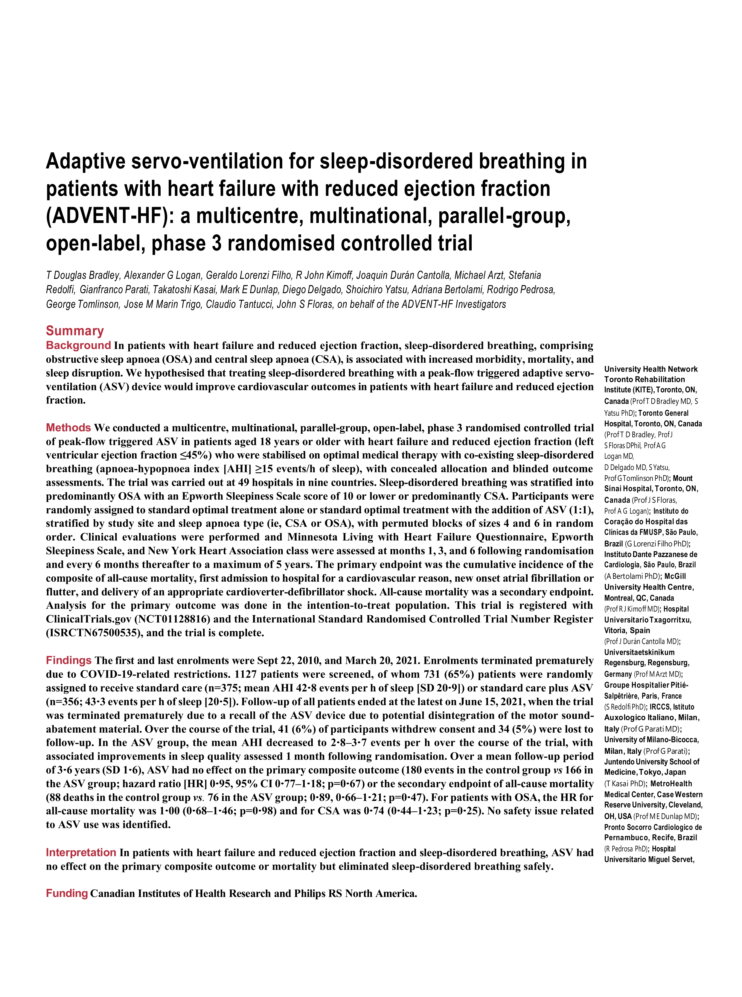 Adaptive servo-ventilation for sleep-disordered breathing in patients with heart failure with reduced ejection fraction (ADVENT-HF): a multicentre, multinational, parallel-group, open-label, phase 3 randomised controlled trial