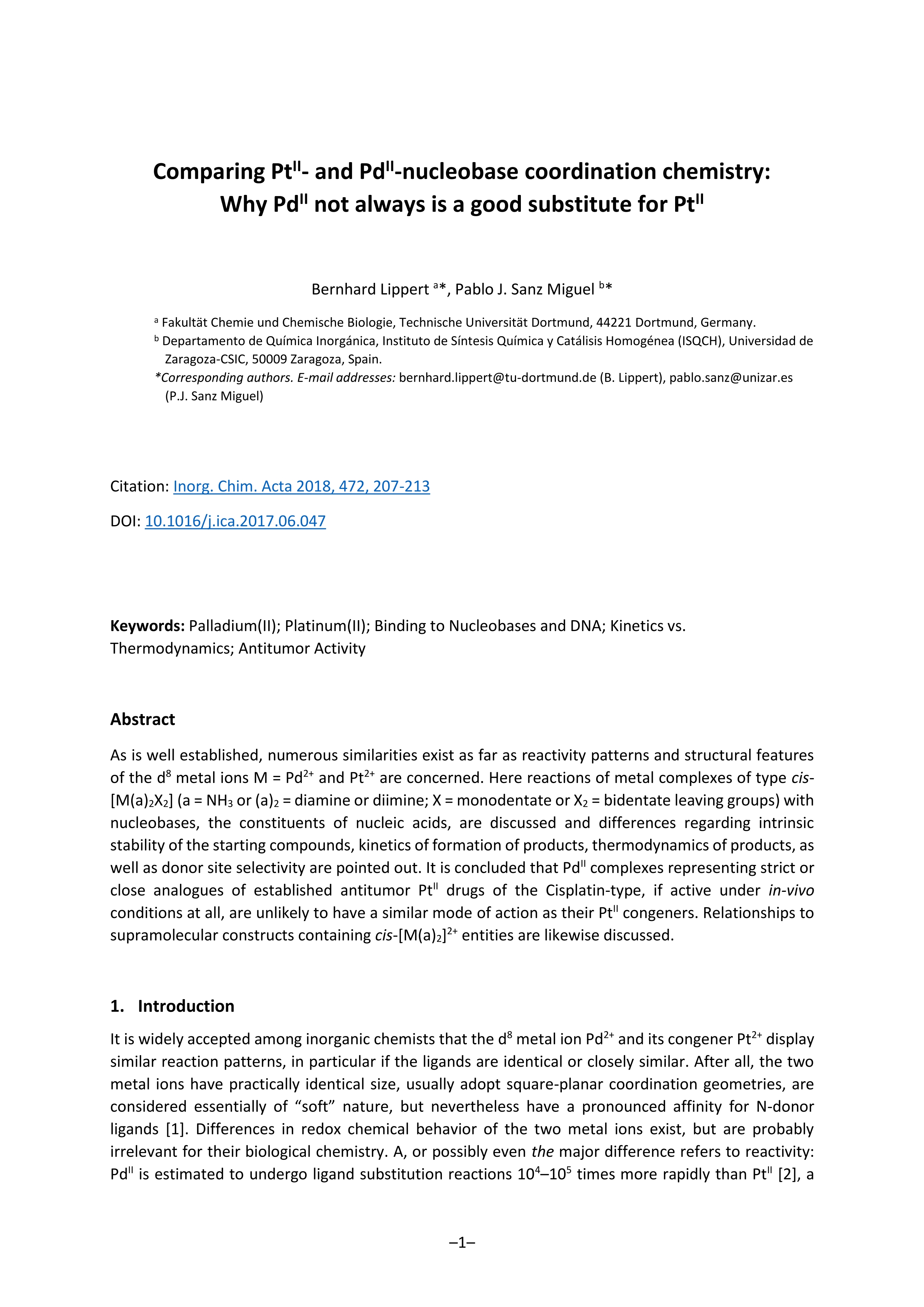 Comparing PtII- and PdII-nucleobase coordination chemistry: Why PdII not always is a good substitute for PtII