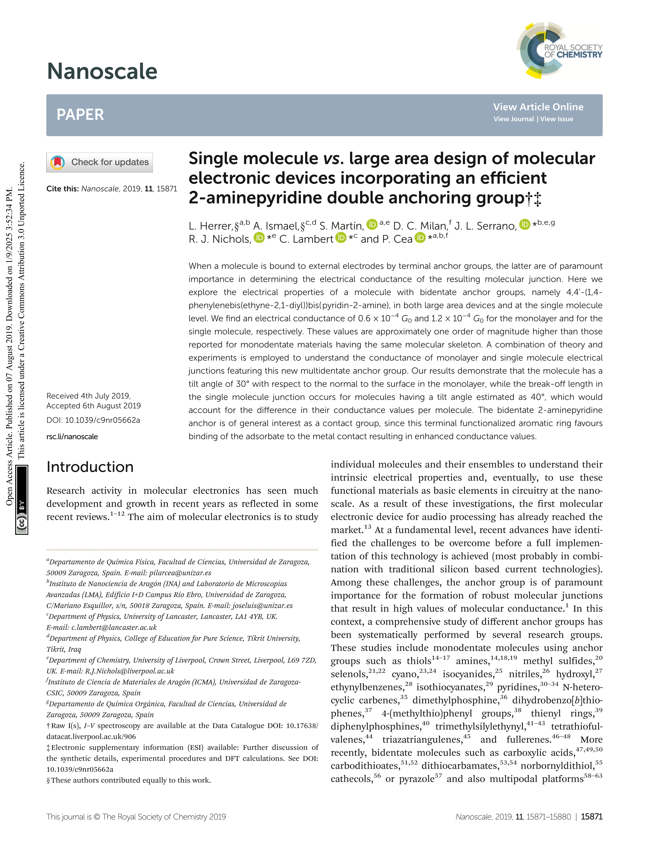 Single molecule vs. large area design of molecular electronic devices incorporating an efficient 2-aminepyridine double anchoring group