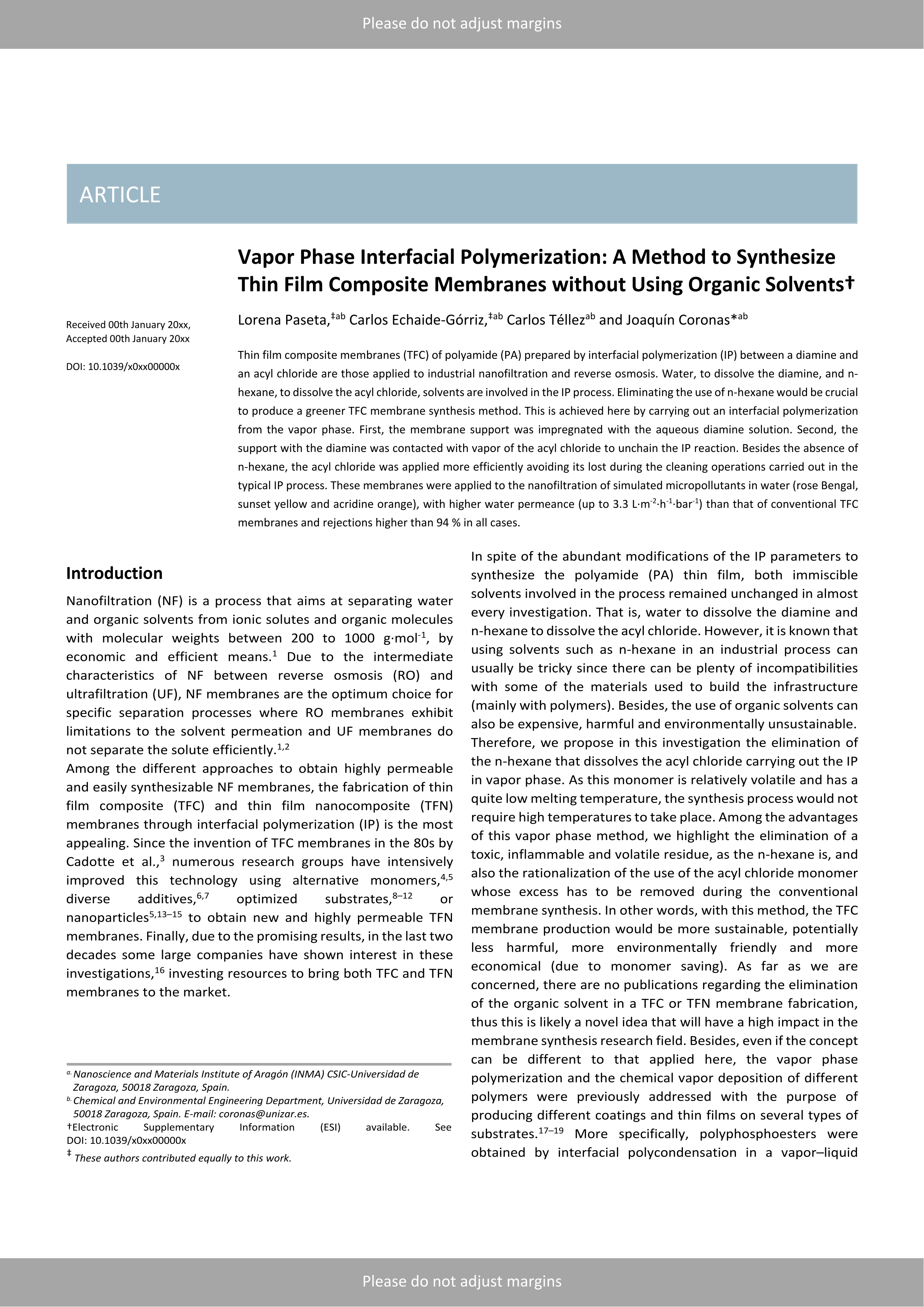 Vapor phase interfacial polymerization: a method to synthesize thin film composite membranes without using organic solvents