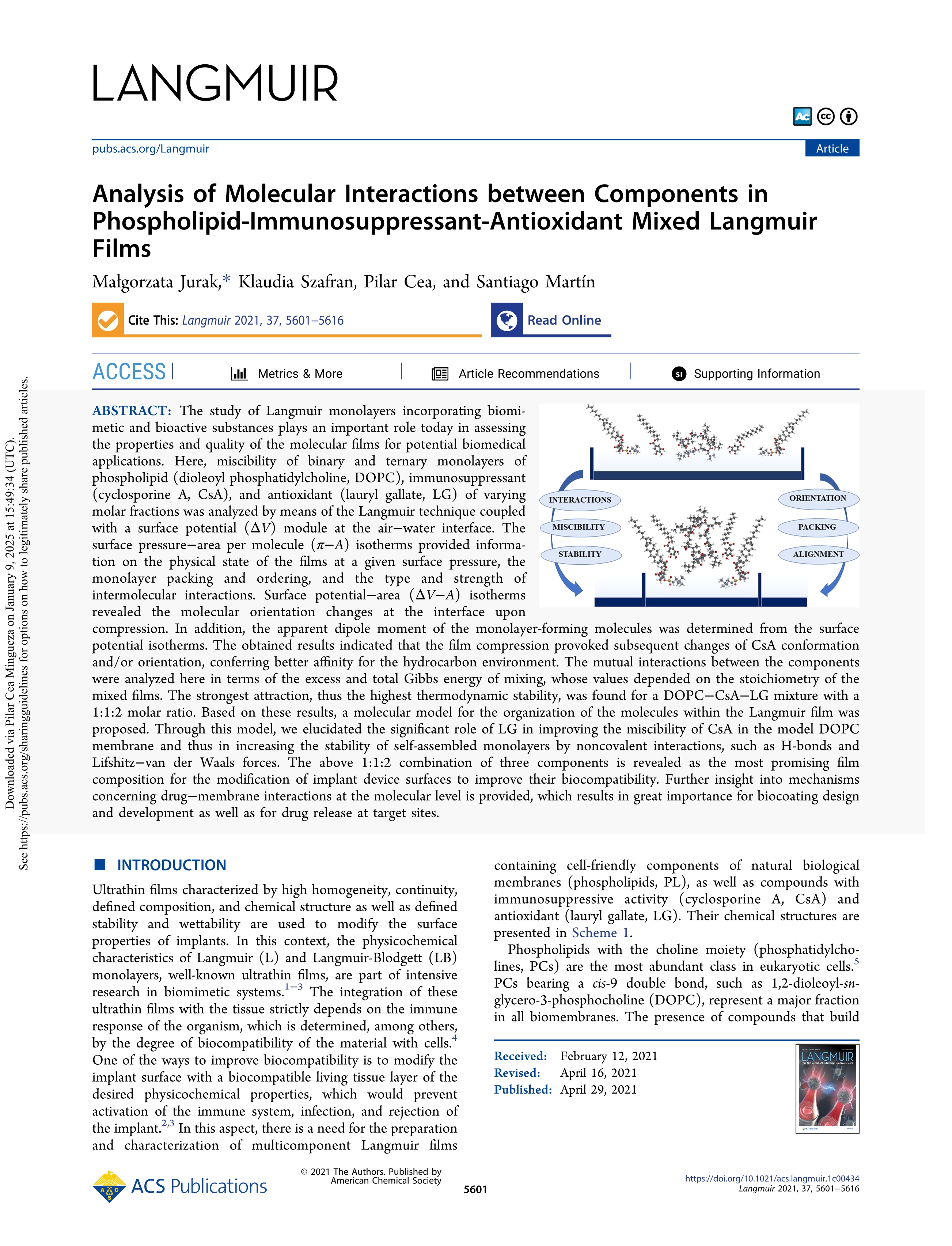 Analysis of Molecular Interactions between Components in Phospholipid-Immunosuppressant-Antioxidant Mixed Langmuir Films