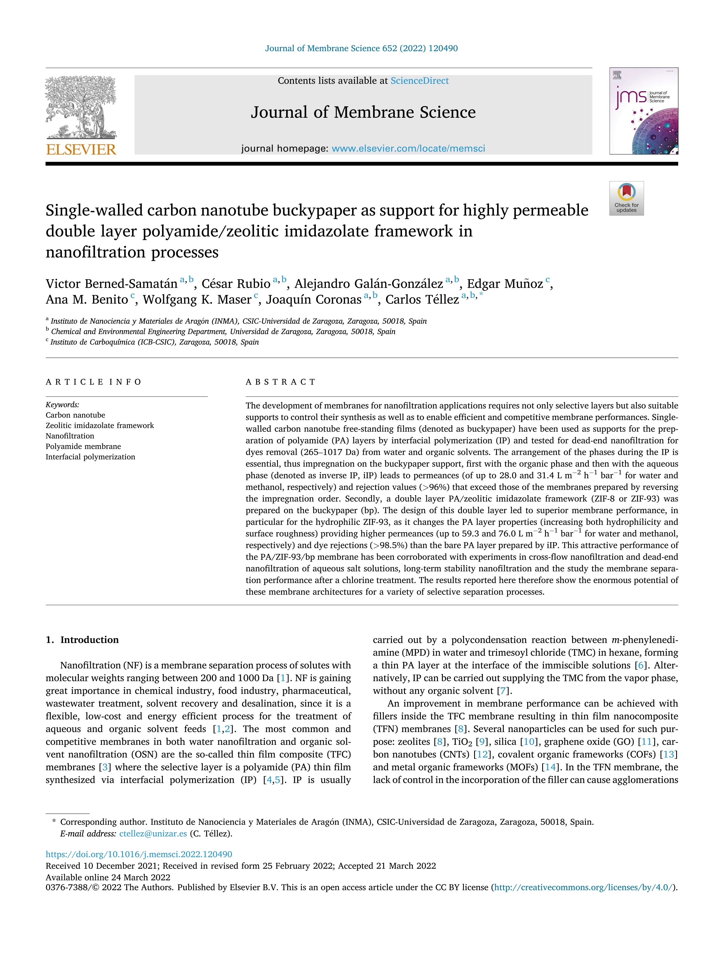 Single-walled carbon nanotube buckypaper as support for highly permeable double layer polyamide/zeolitic imidazolate framework in nanofiltration processes