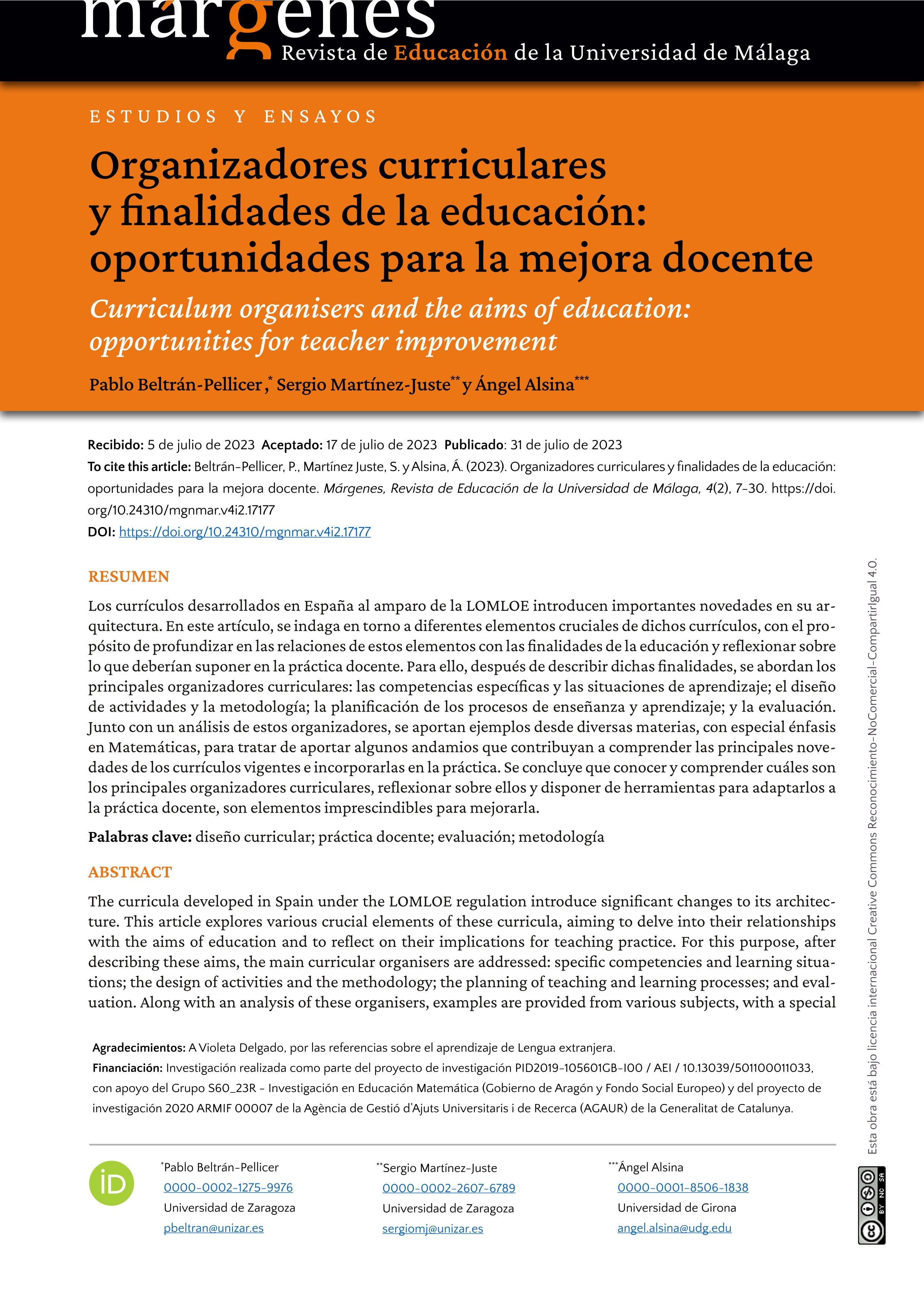 Organizadores curriculares y finalidades de la educación: oportunidades para la mejora docente