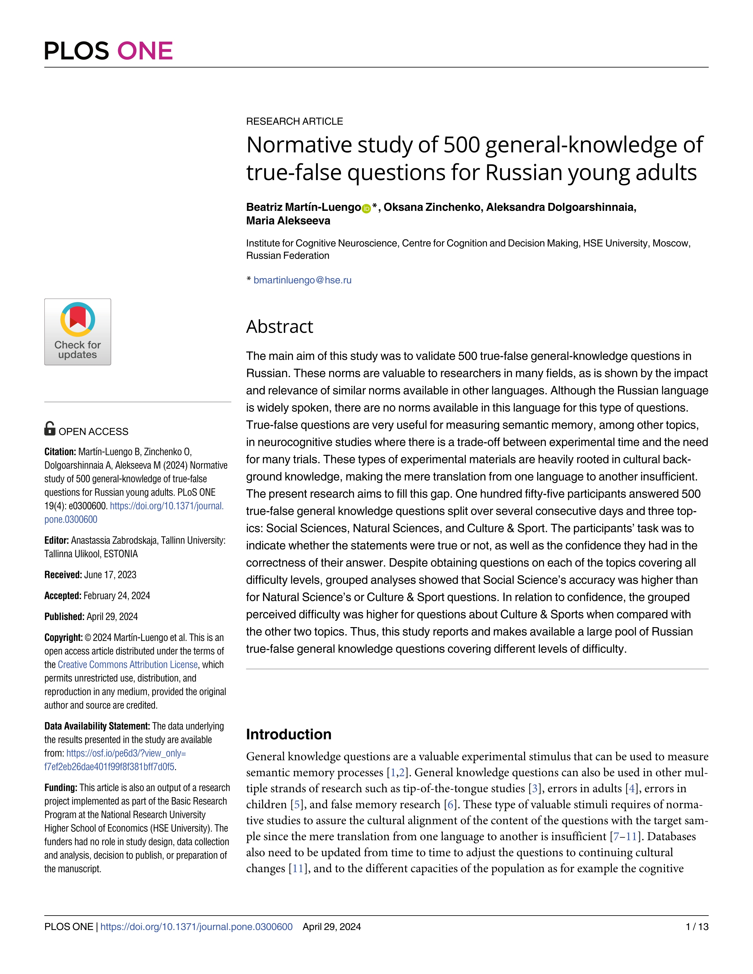 Normative study of 500 general-knowledge of true-false questions for Russian young adults