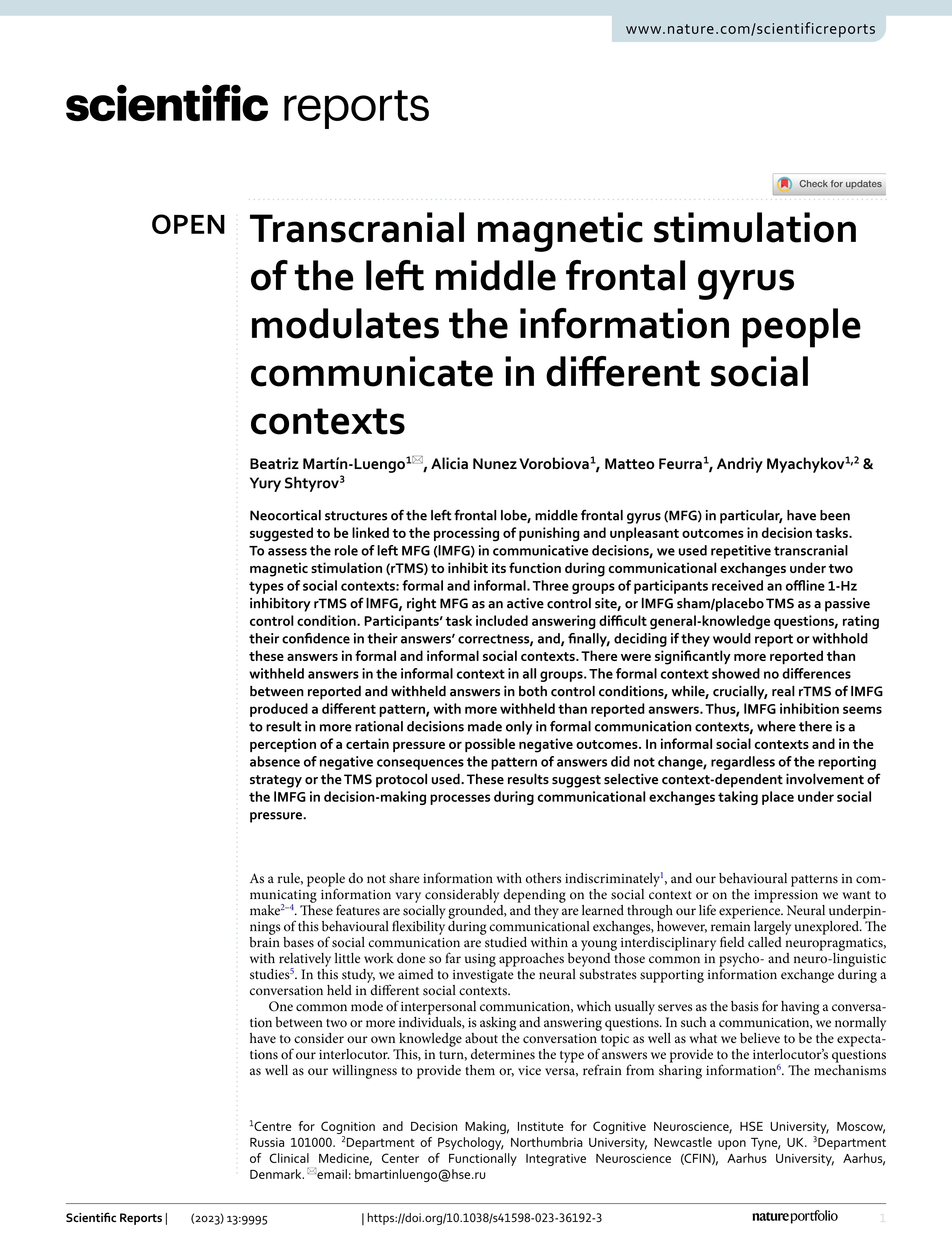 Transcranial magnetic stimulation of the left middle frontal gyrus modulates the information people communicate in different social contexts