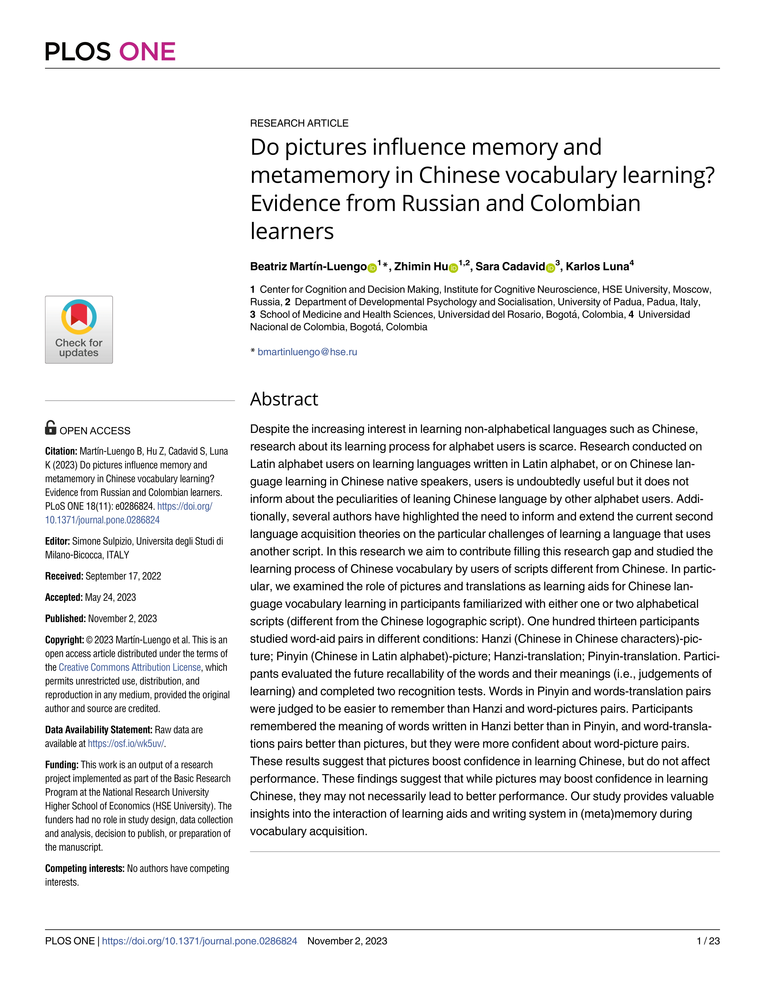 Do pictures influence memory and metamemory in Chinese vocabulary learning? Evidence from Russian and Colombian learners