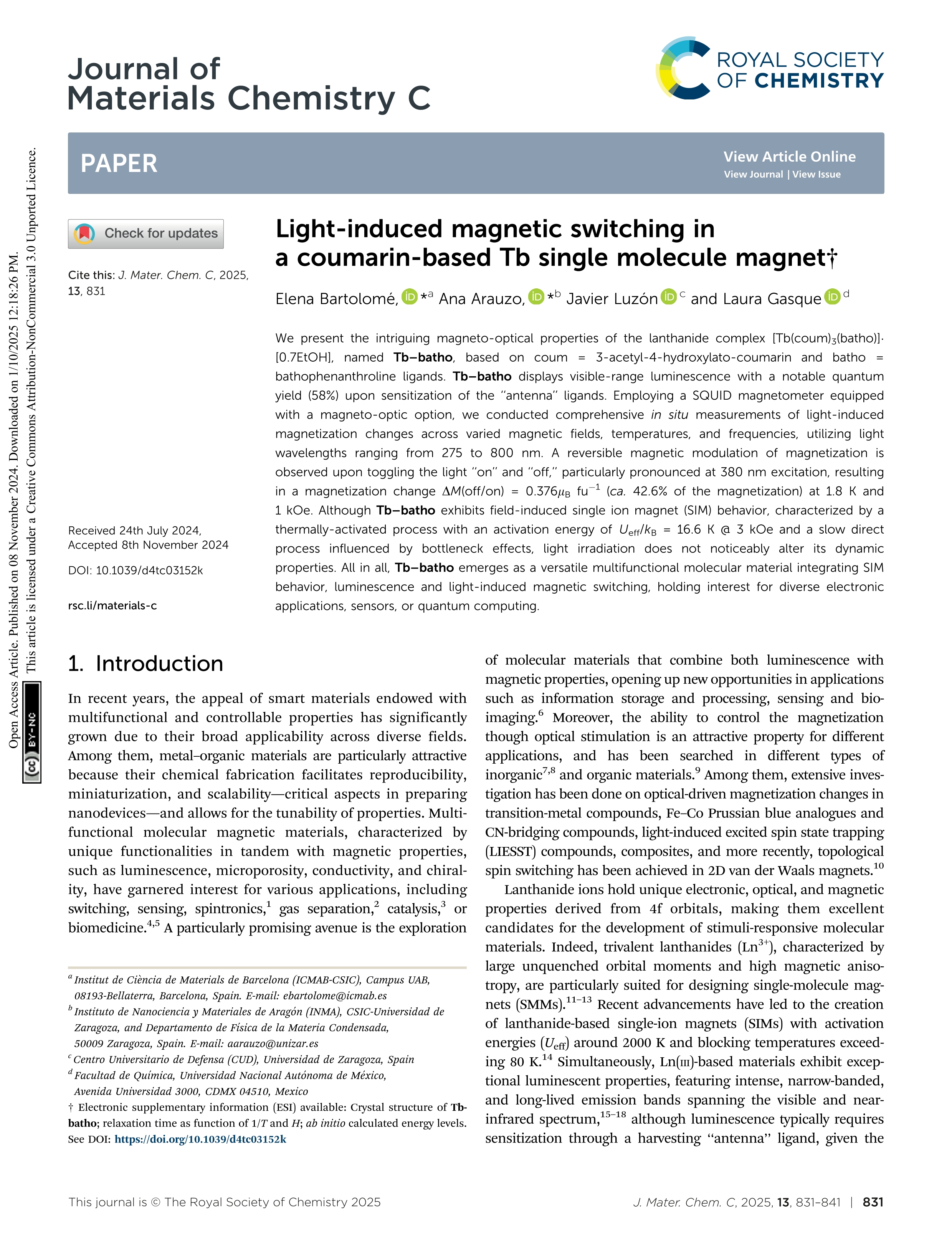 Light-induced magnetic switching in a coumarin-based Tb single molecule magnet