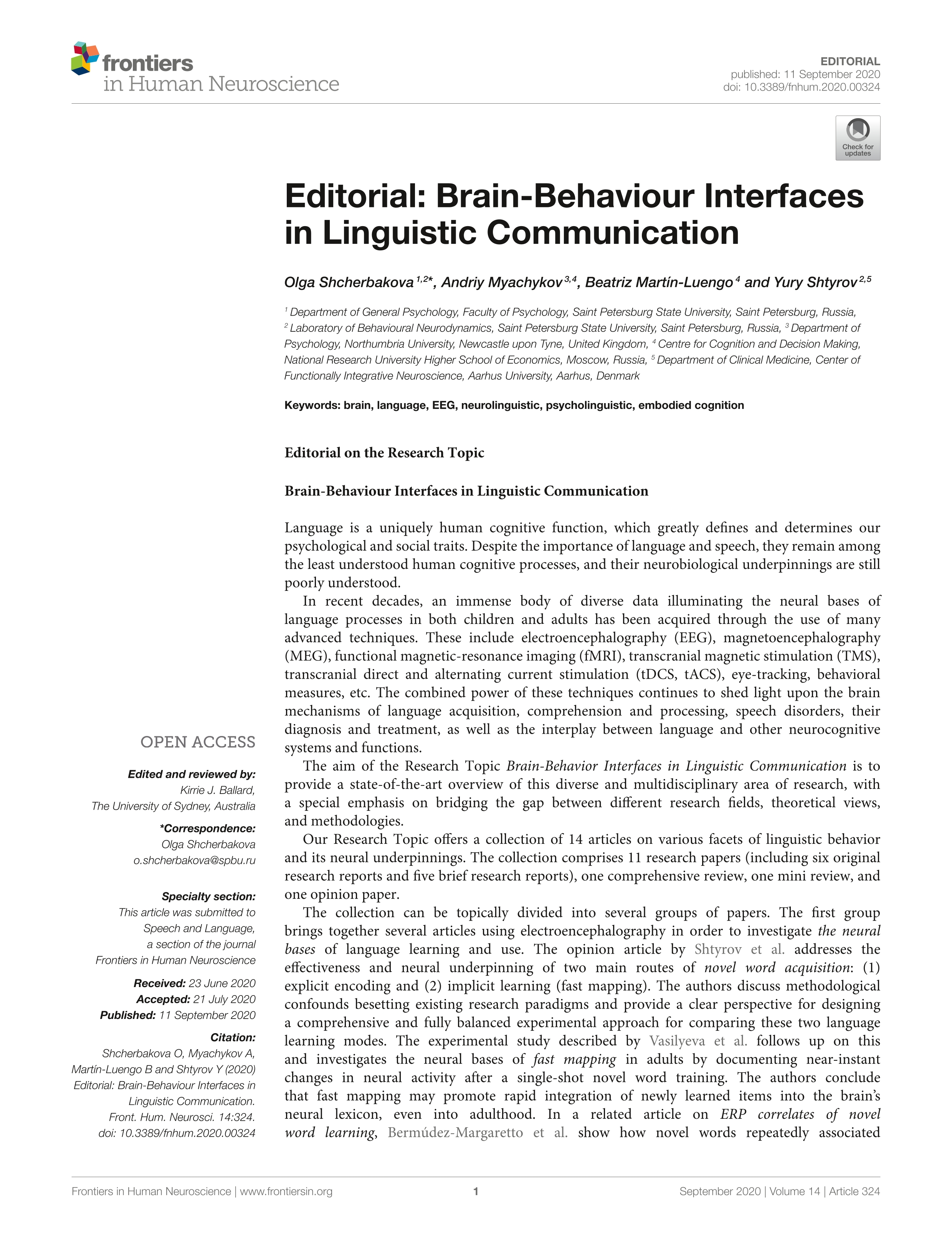 Editorial: Brain-Behaviour Interfaces in Linguistic Communication