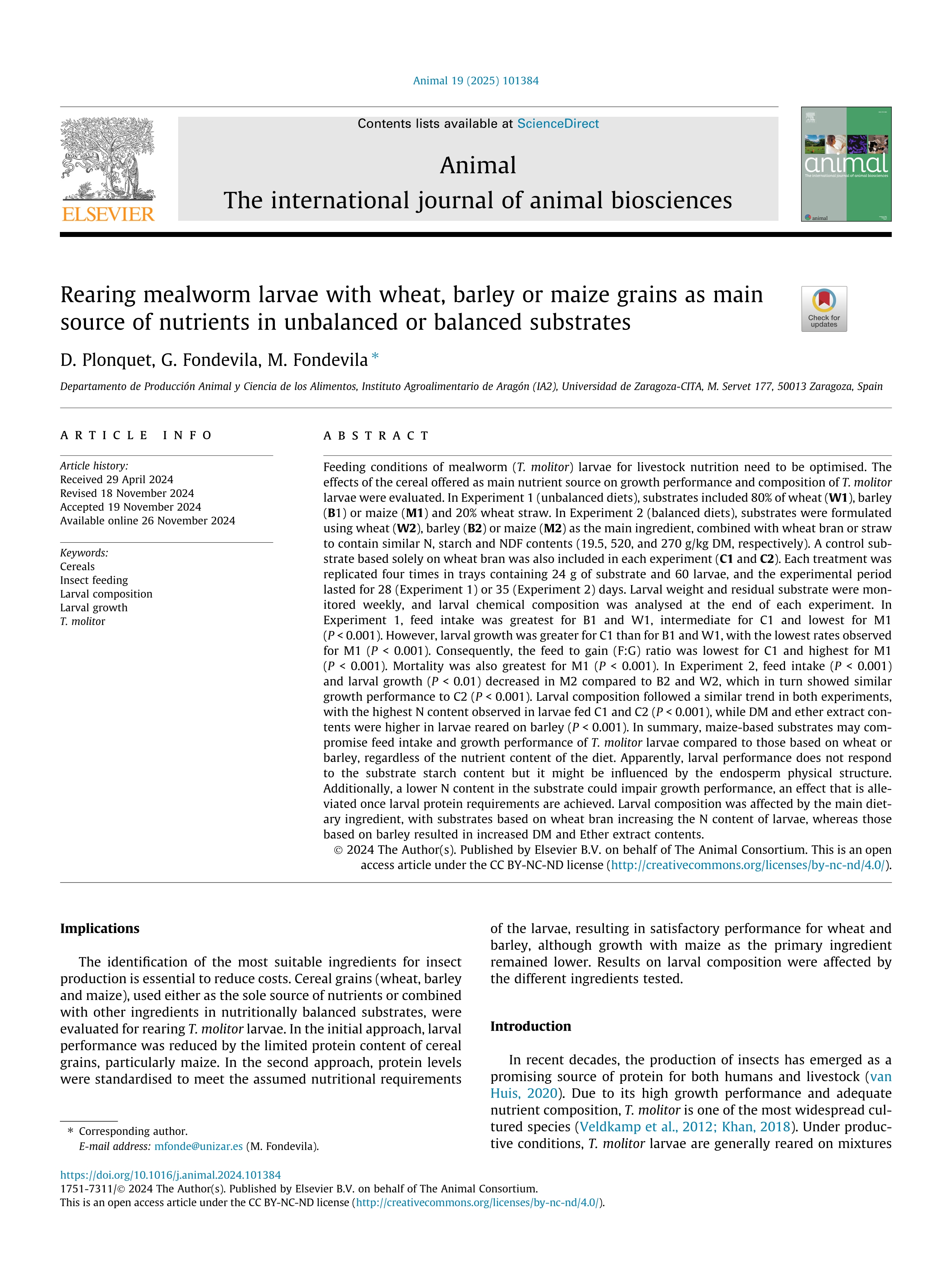 Rearing mealworm larvae with wheat, barley or maize grains as main source of nutrients in unbalanced or balanced substrates