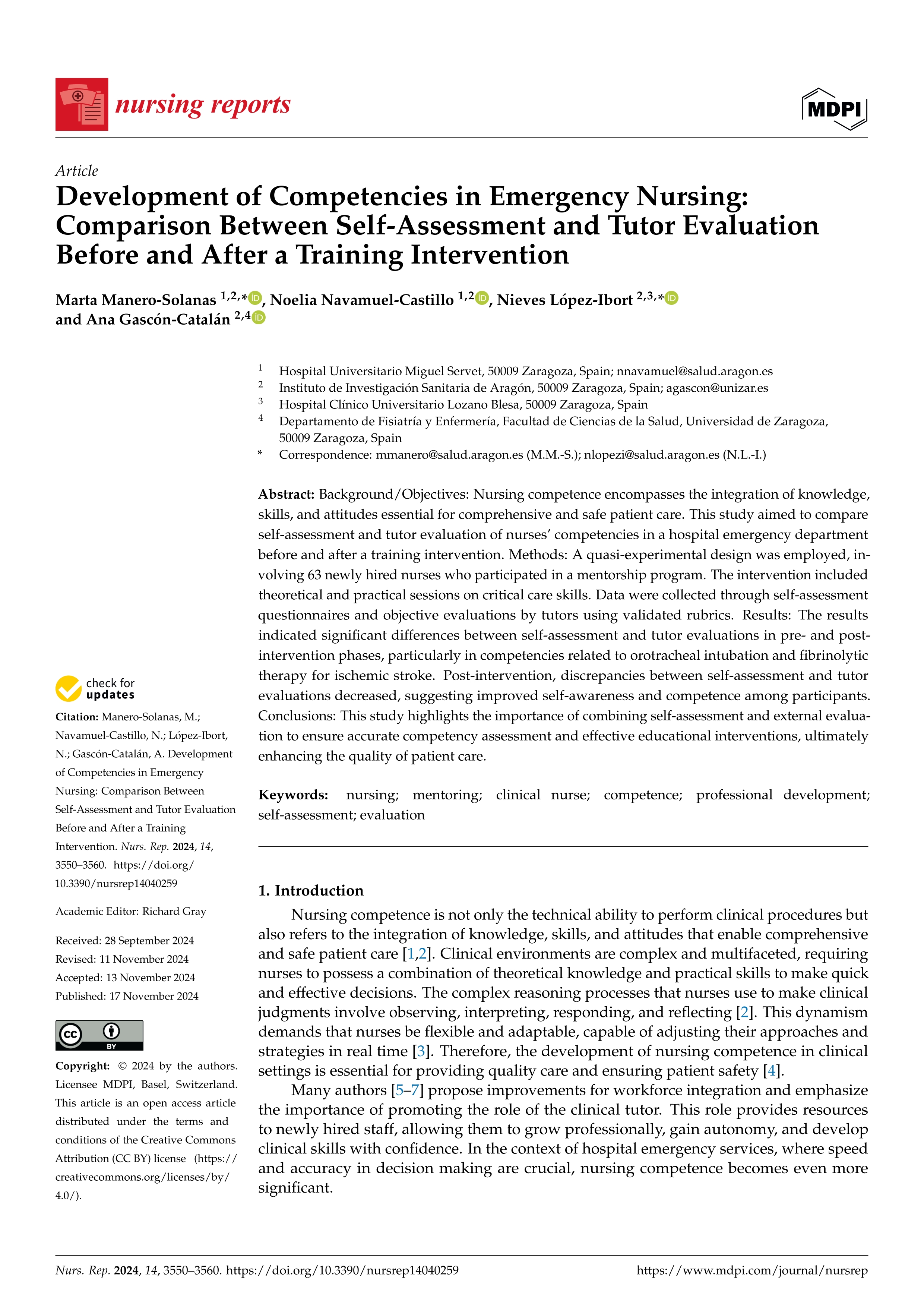 Development of competencies in emergency nursing: comparison between self-assessment and tutor evaluation before and after a training intervention