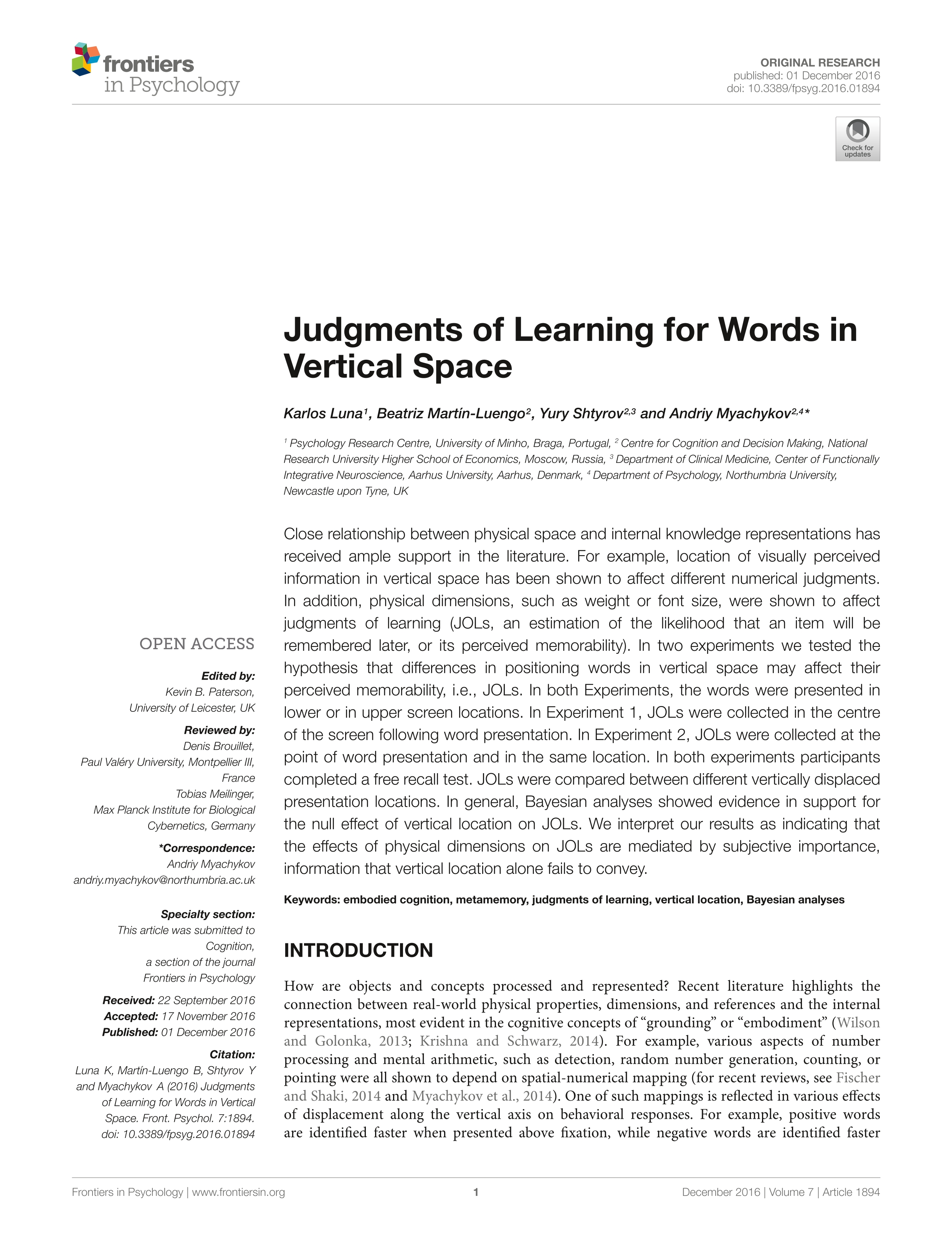 Judgments of learning for words in vertical space