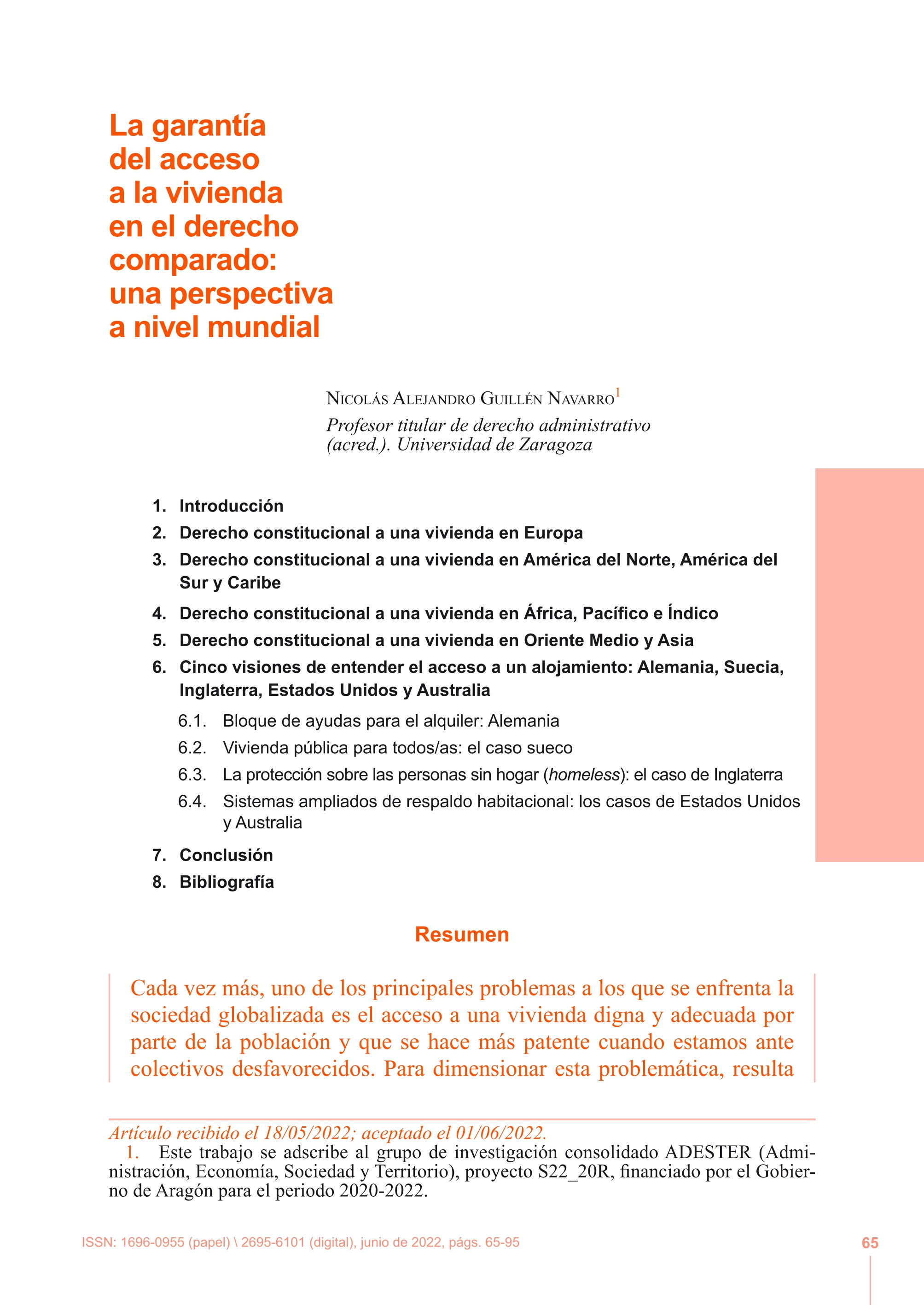 La garantía del acceso a la vivienda en el derecho comparado: una perspectiva a nivel mundial