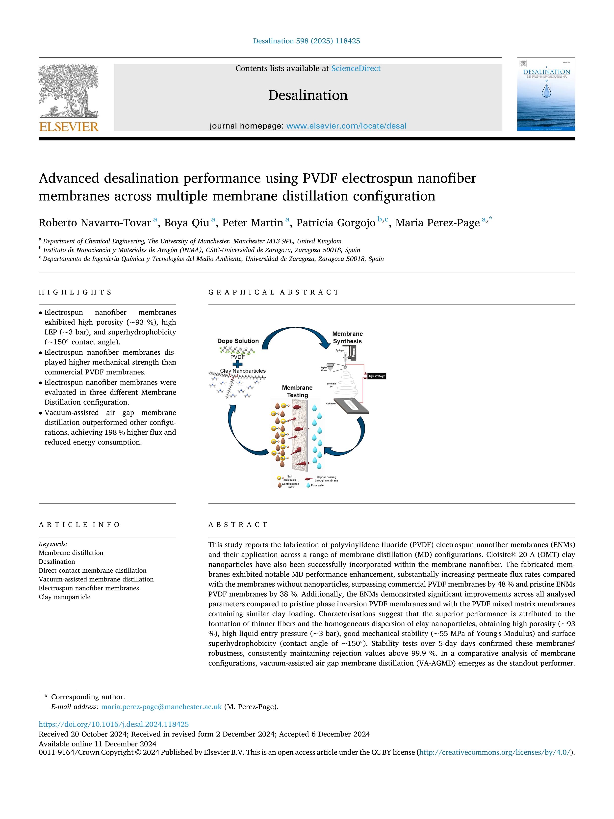 Advanced desalination performance using PVDF electrospun nanofiber membranes across multiple membrane distillation configuration