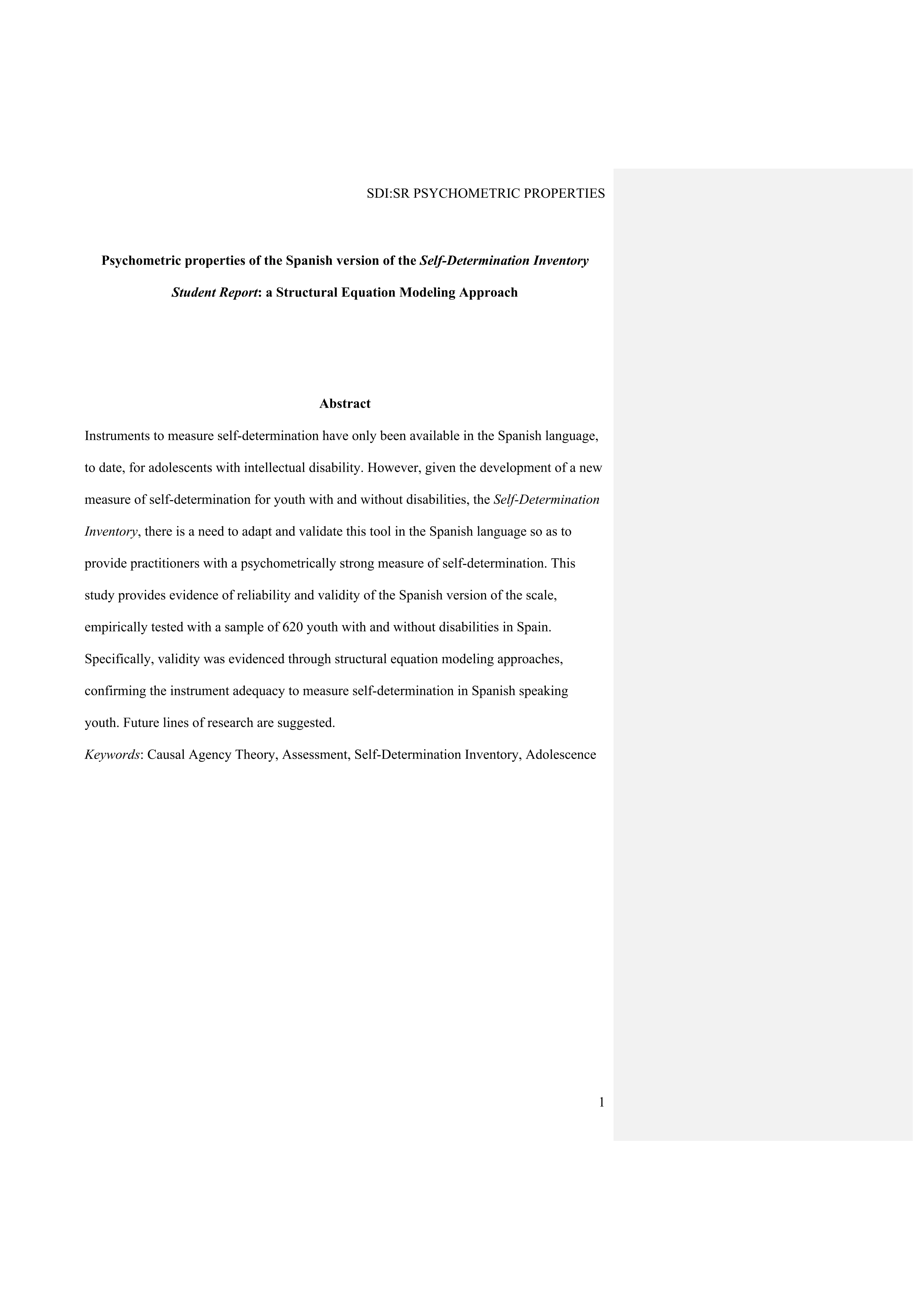 Psychometric Properties of the Spanish Version of the Self-Determination Inventory Student Self-Report: A Structural Equation Modeling Approach