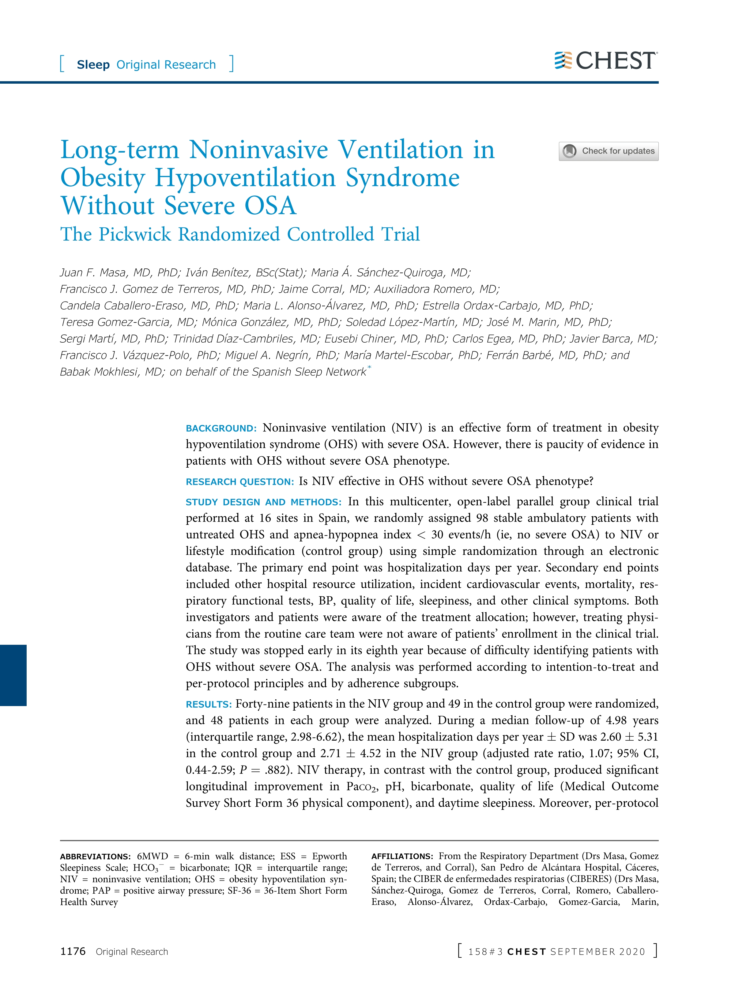 Long-Term Noninvasive Ventilation in Obesity Hypoventilation Syndrome Without Severe Obstructive Sleep Apnoea. The Pickwick Randomised Controlled Trial