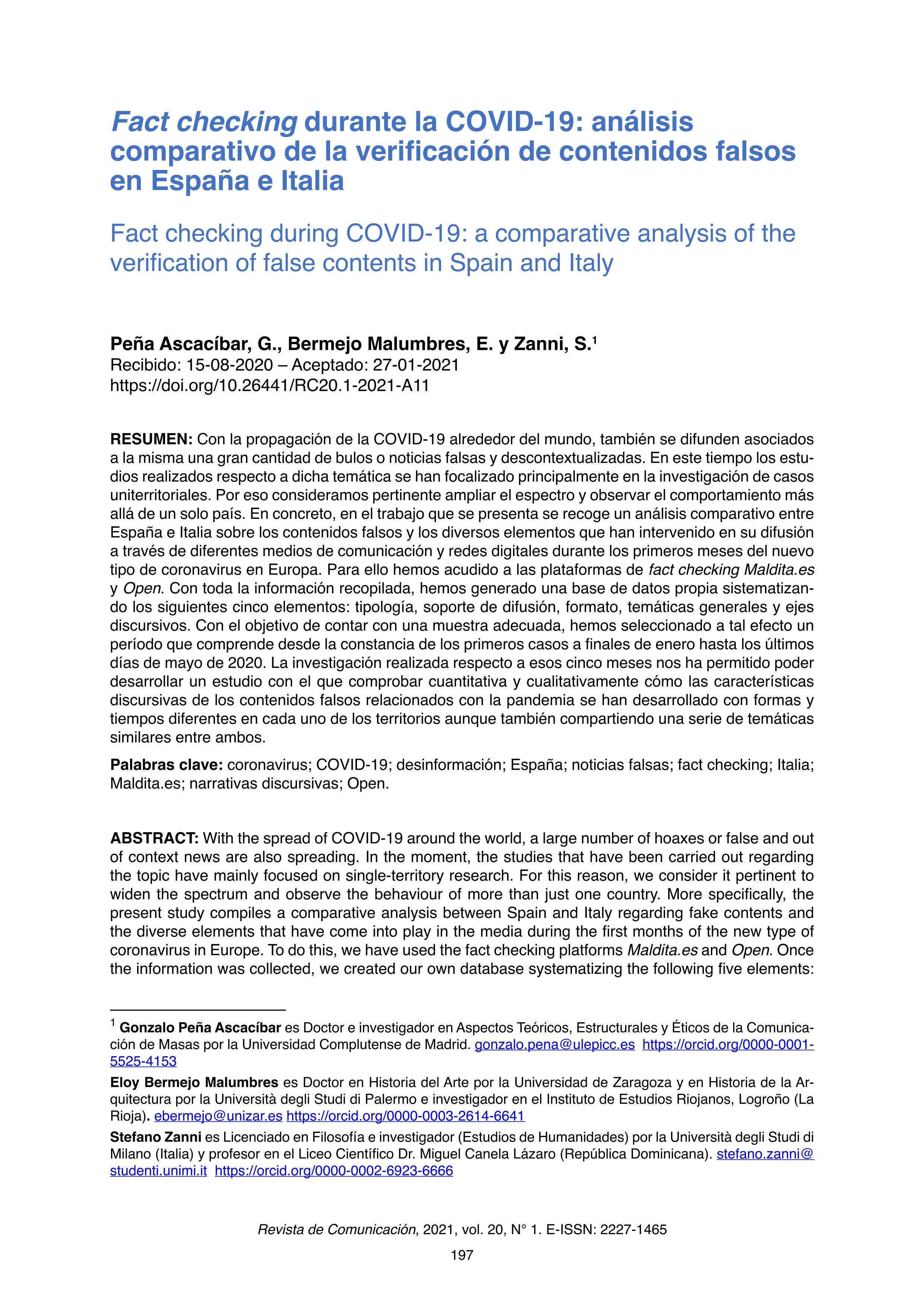 Fact checking durante la COVID-19: análisis comparativo de la verificación de contenidos falsos en España e Italia