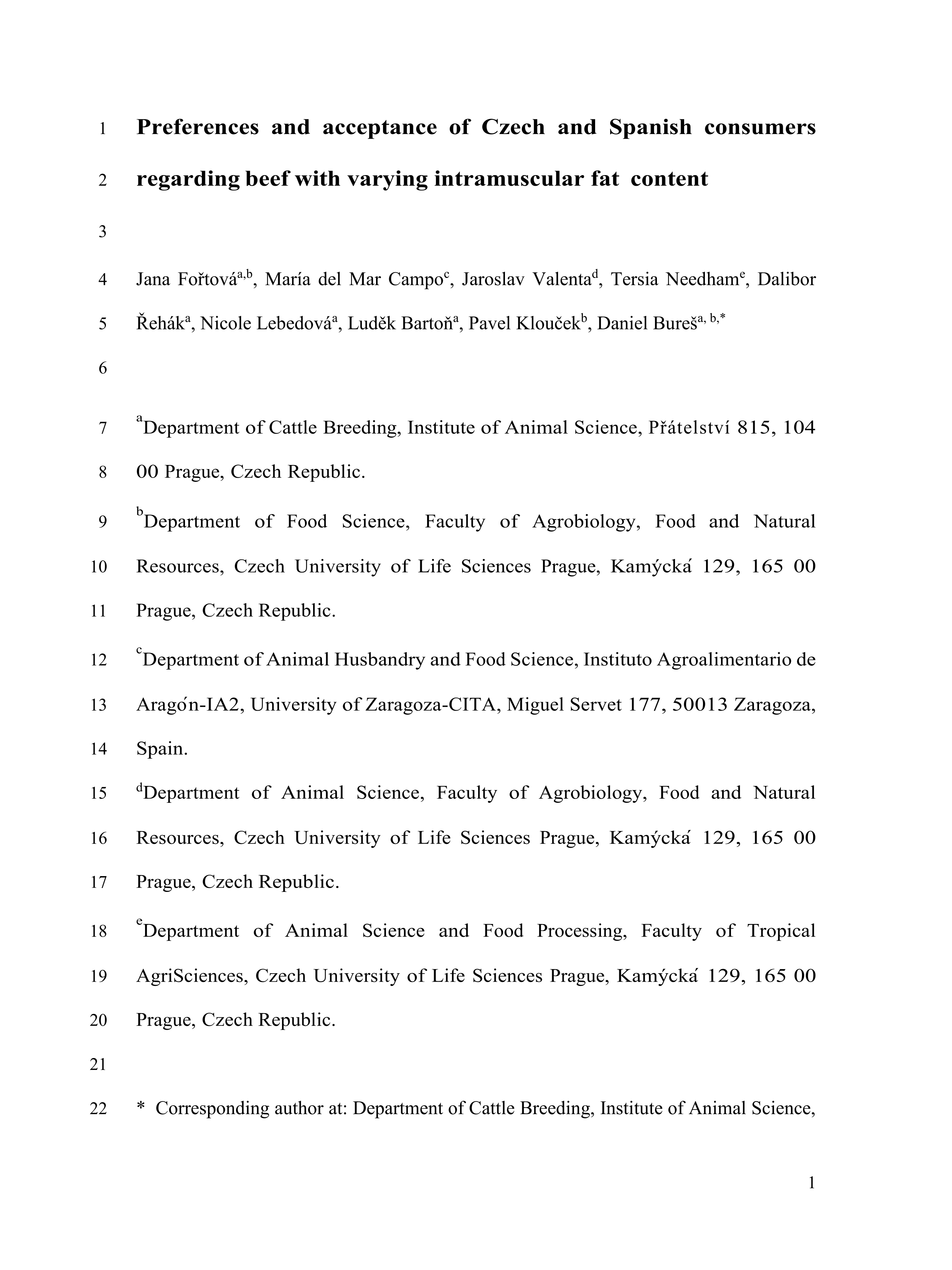 Preferences and acceptance of Czech and Spanish consumers regarding beef with varying intramuscular fat content