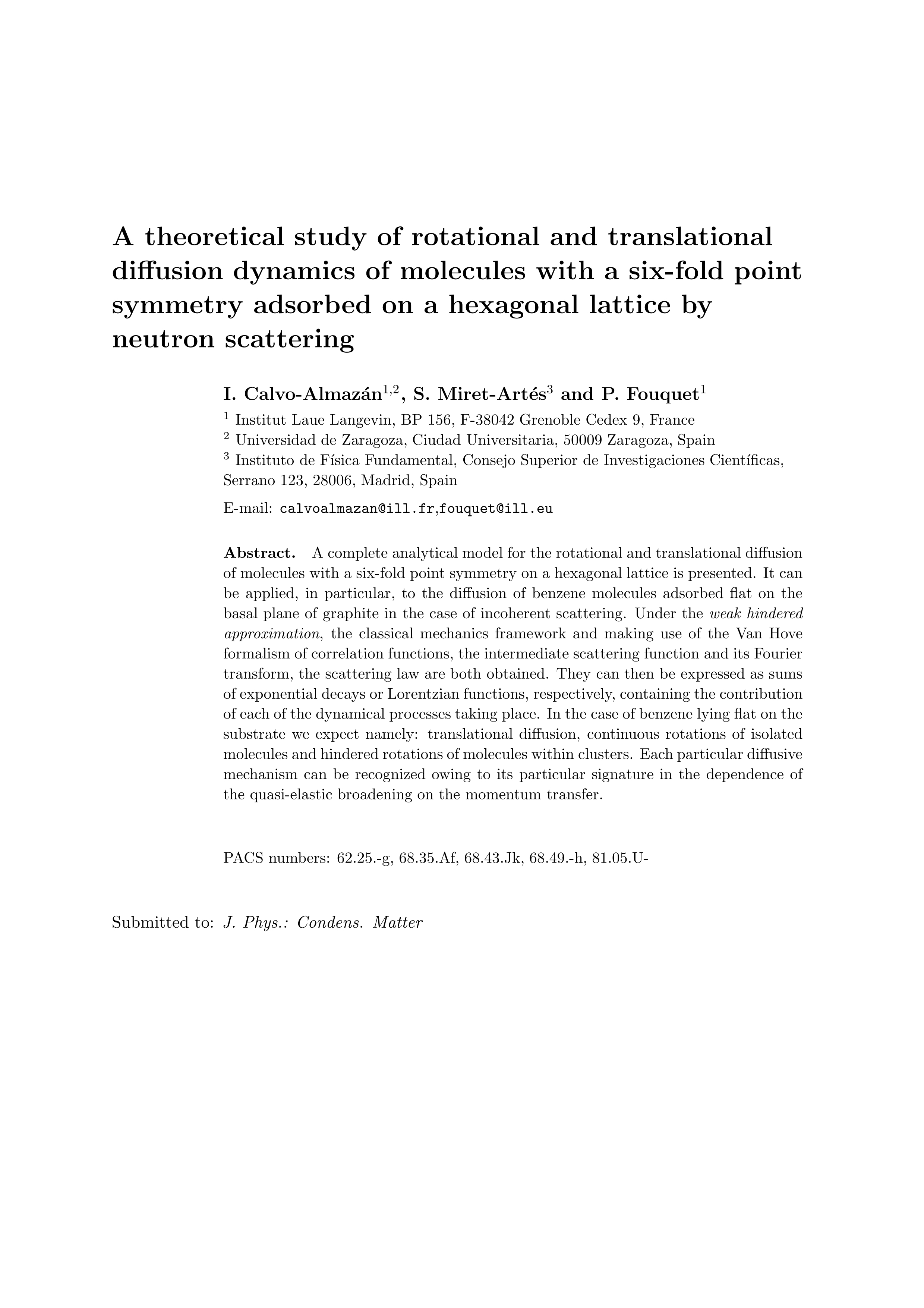 A theoretical study of rotational and translational diffusion dynamics of molecules with a six-fold point symmetry adsorbed on a hexagonal lattice by neutron scattering