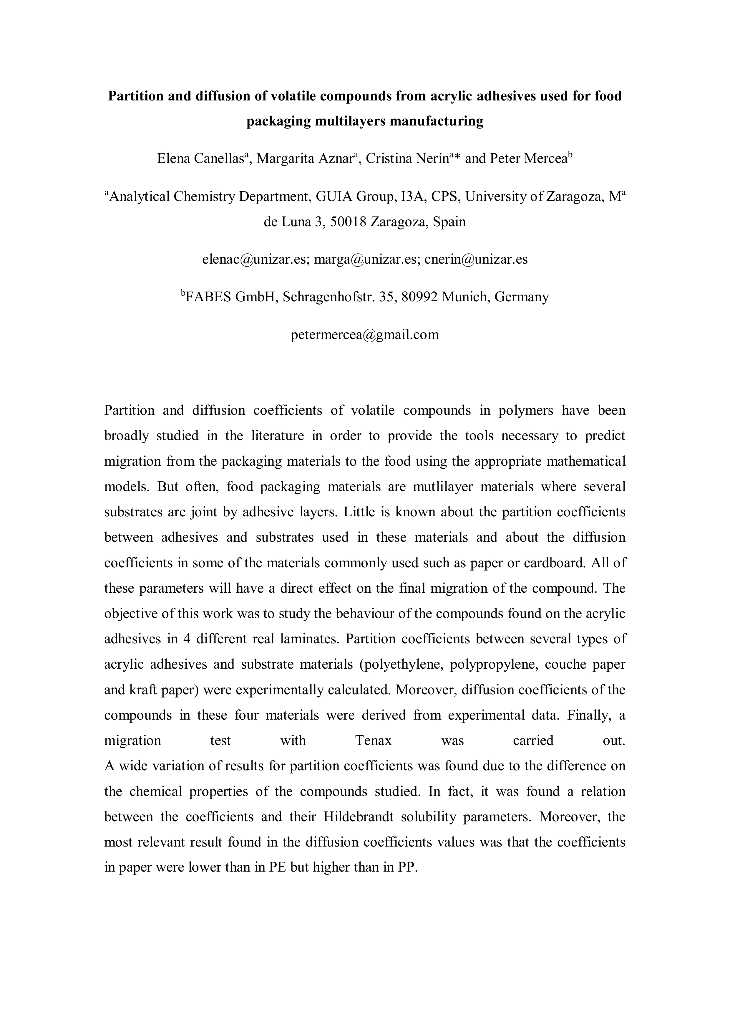 Partition and diffusion of volatile compounds from acrylic adhesives used for food packaging multilayers manufacturing