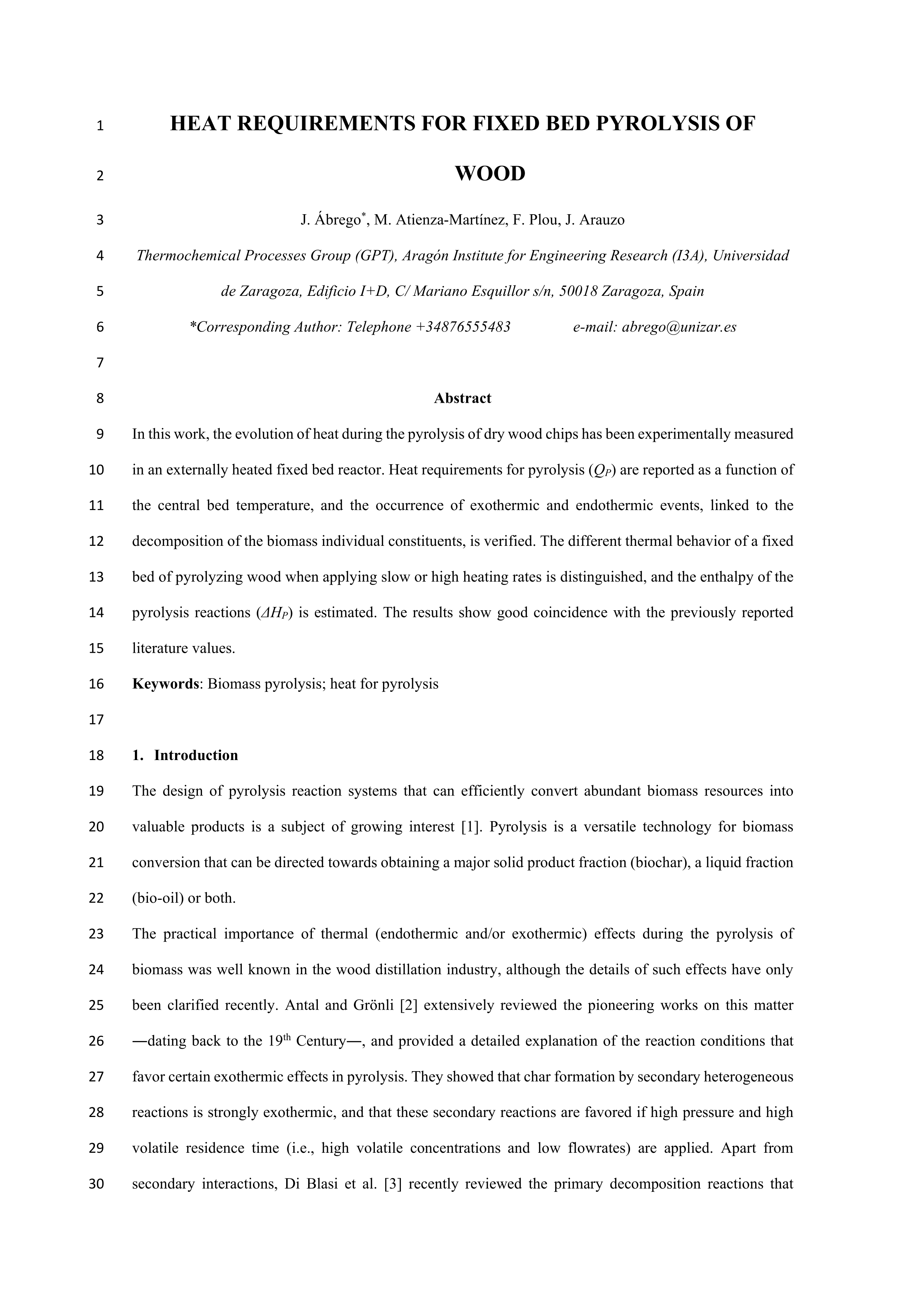 Heat requirement for fixed bed pyrolysis of beechwood chips