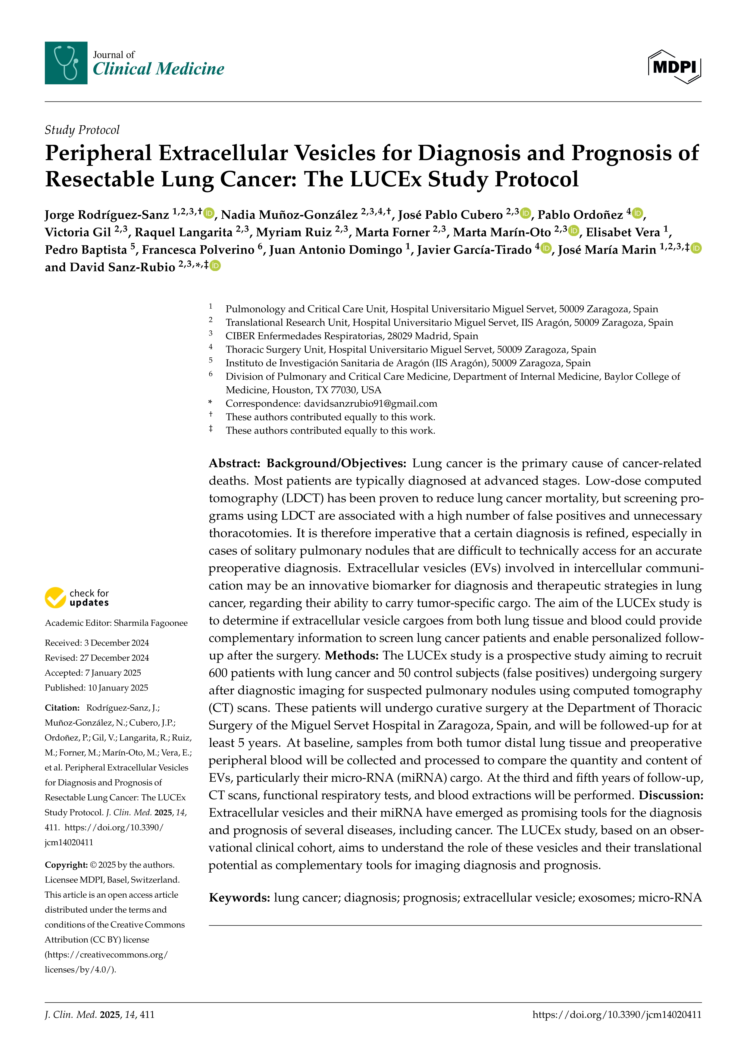 Peripheral extracellular vesicles for diagnosis and prognosis of resectable lung cancer: the LUCEx study protocol