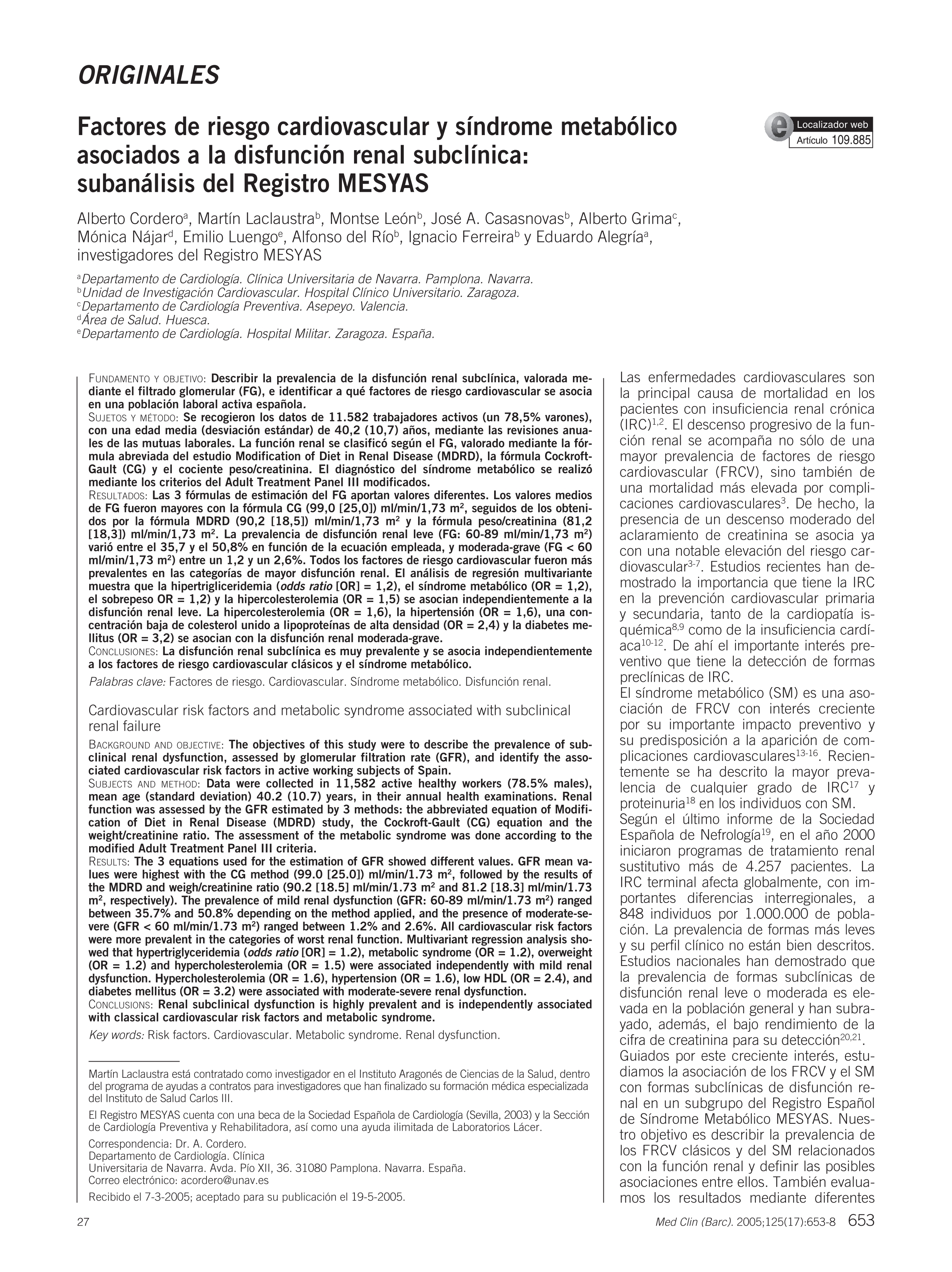 Factores de riesgo cardiovascular y síndrome metabólico asociados a la disfunción renal subclínica: subanálisis del Registro MESYAS