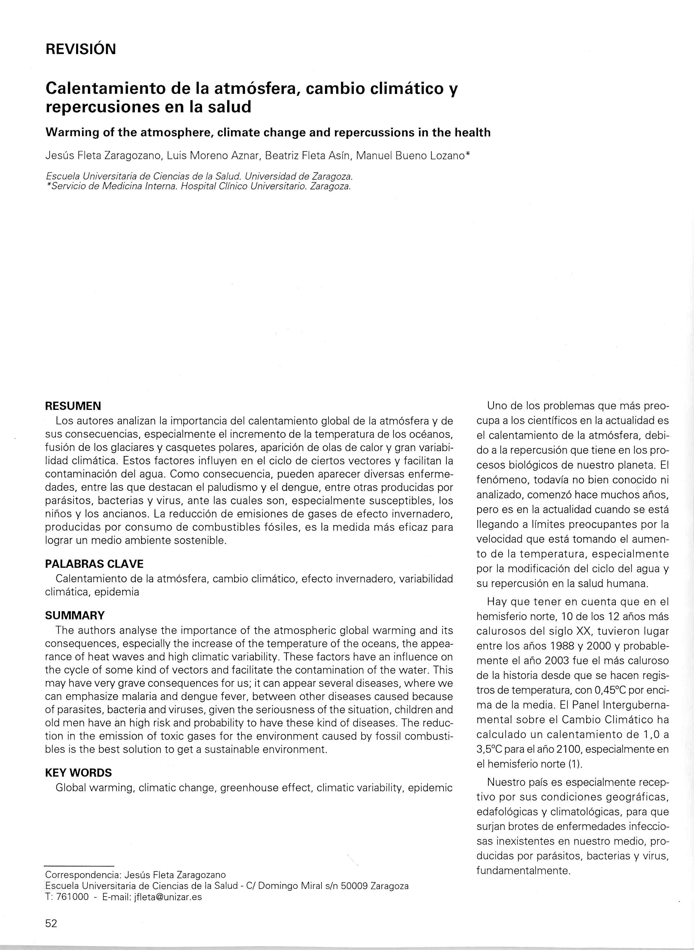 Calentamiento de la atmósfera, cambio climático y repercusiones en la salud