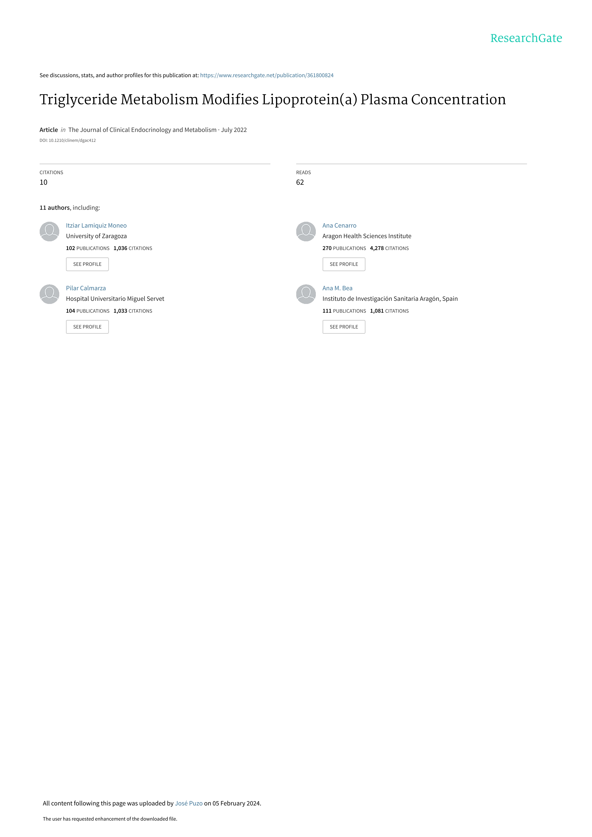 Triglyceride Metabolism Modifies Lipoprotein(a) Plasma Concentration