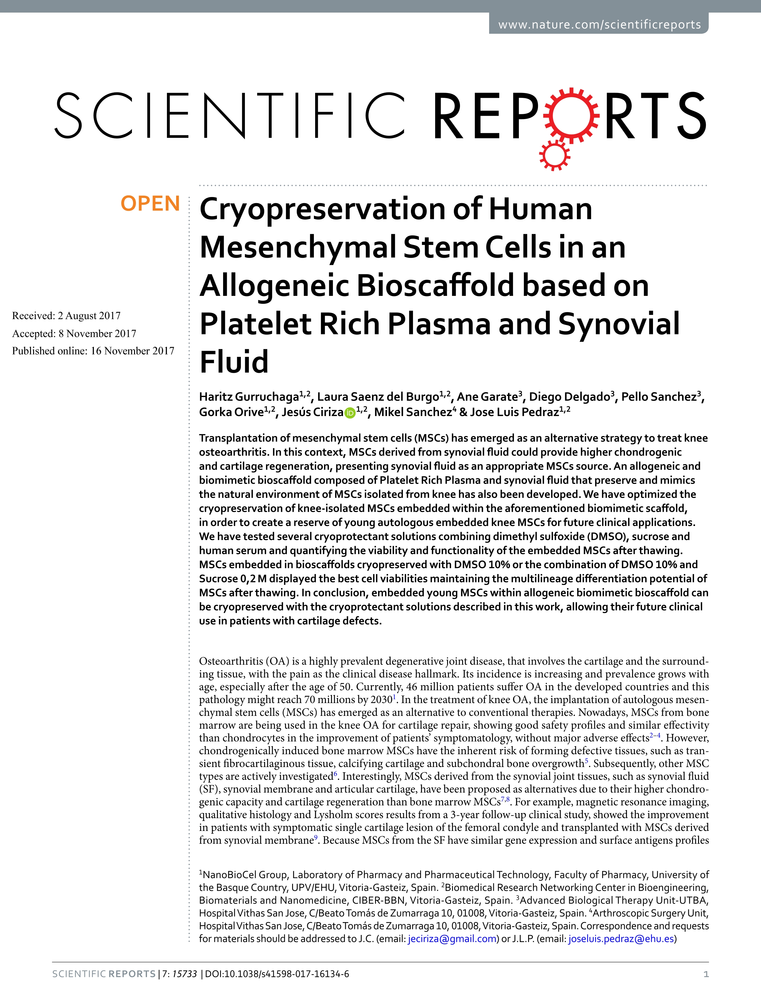 Cryopreservation of Human Mesenchymal Stem Cells in an Allogeneic Bioscaffold based on Platelet Rich Plasma and Synovial Fluid