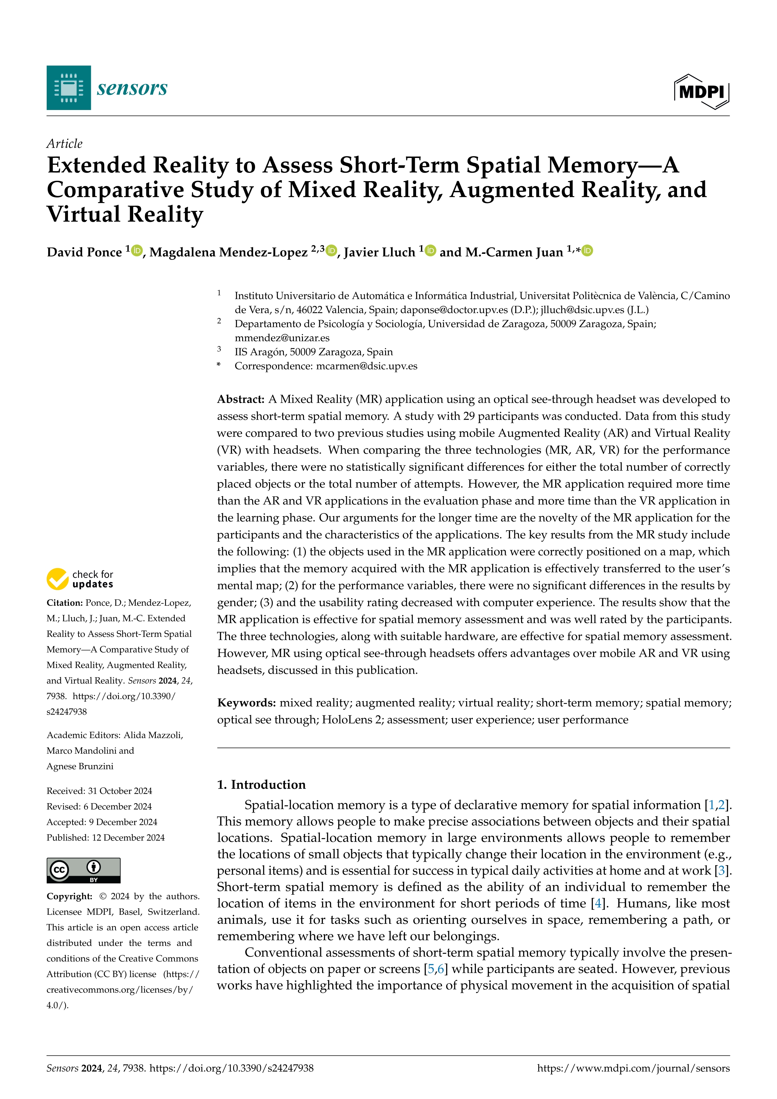 Extended Reality to Assess Short-Term Spatial Memory—A Comparative Study of Mixed Reality, Augmented Reality, and Virtual Reality