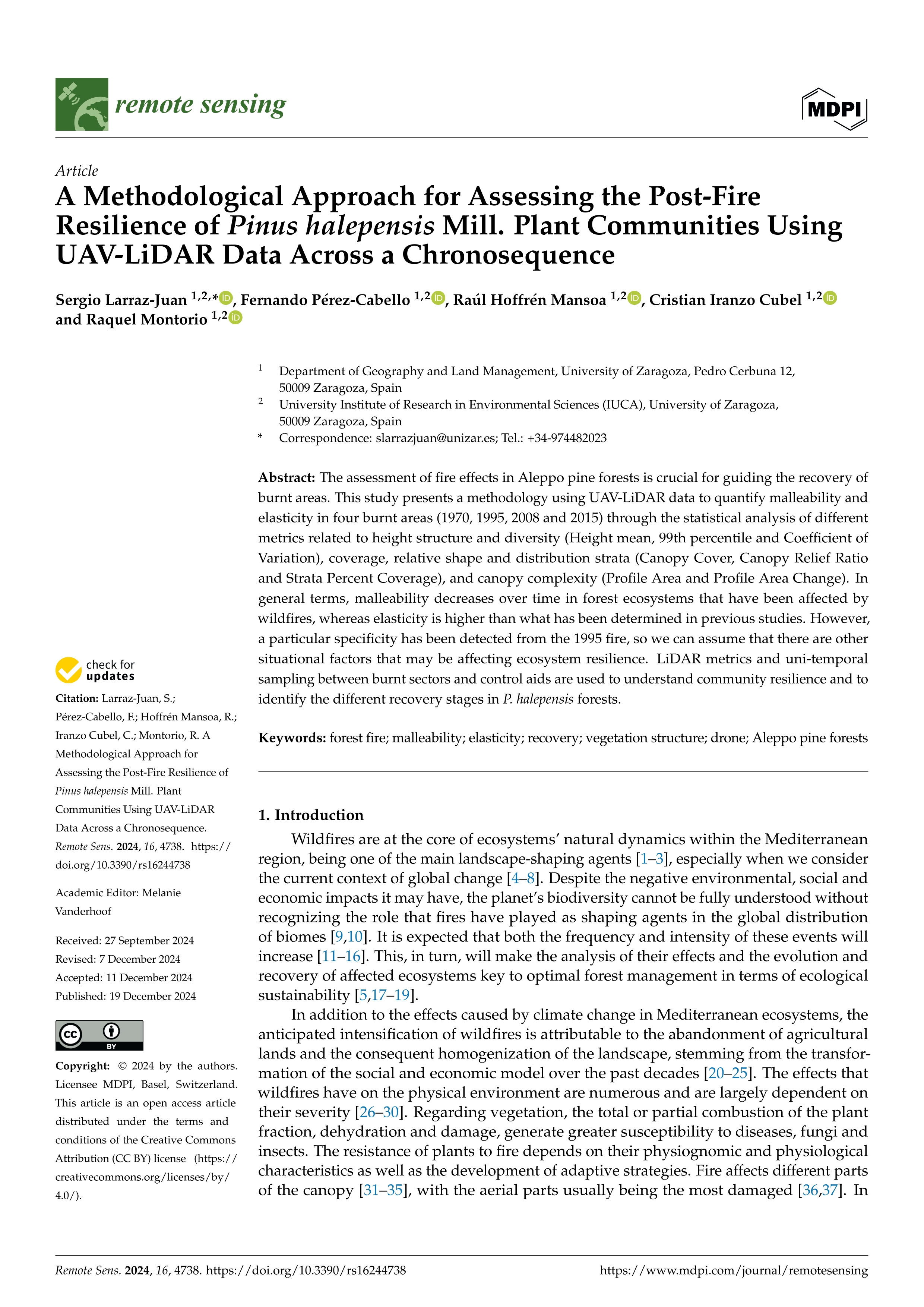 A Methodological Approach for Assessing the Post-Fire Resilience of Pinus halepensis Mill. Plant Communities Using UAV-LiDAR Data Across a Chronosequence