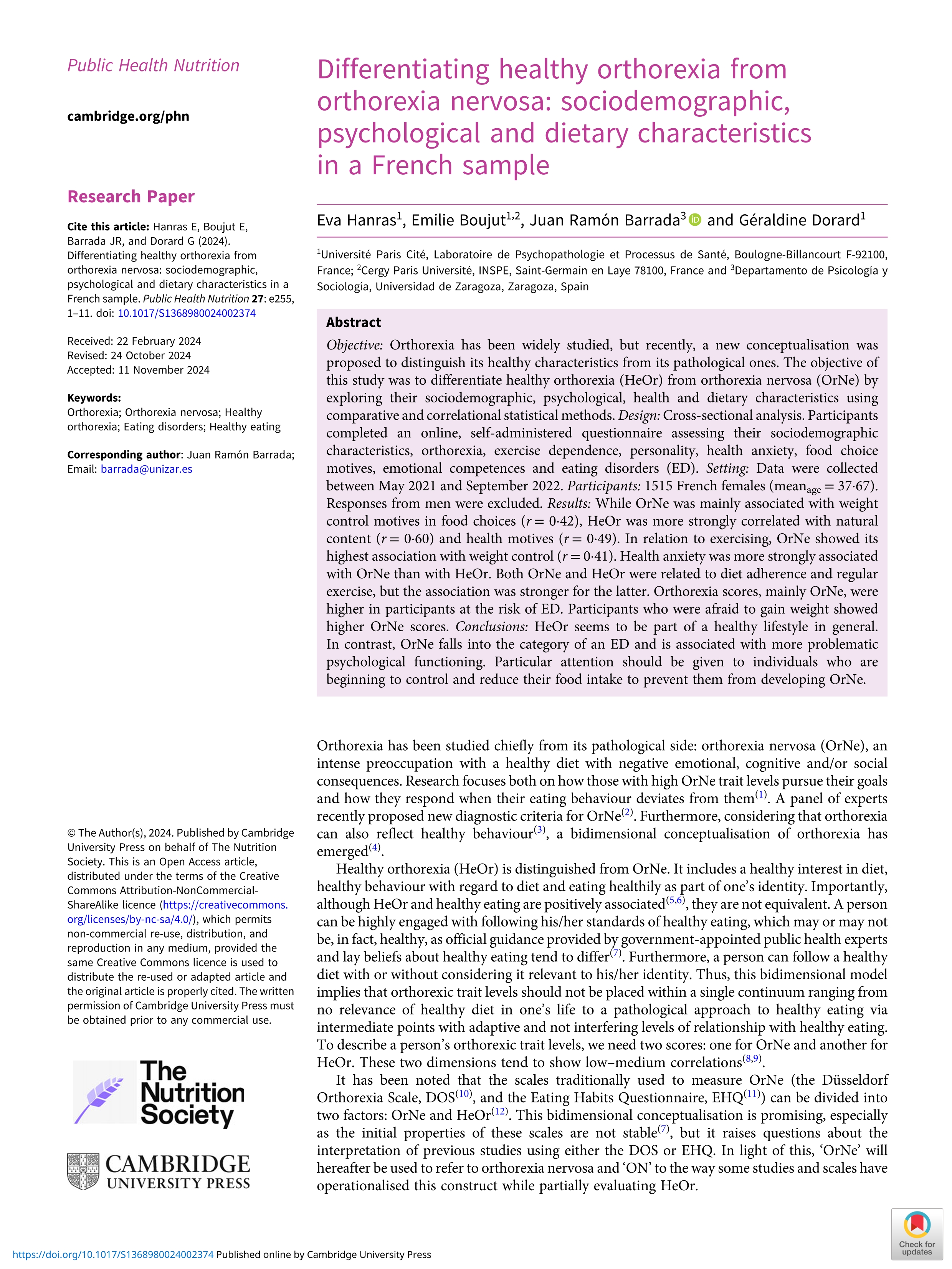 Differentiating healthy orthorexia from orthorexia nervosa: sociodemographic, psychological and dietary characteristics in a French sample